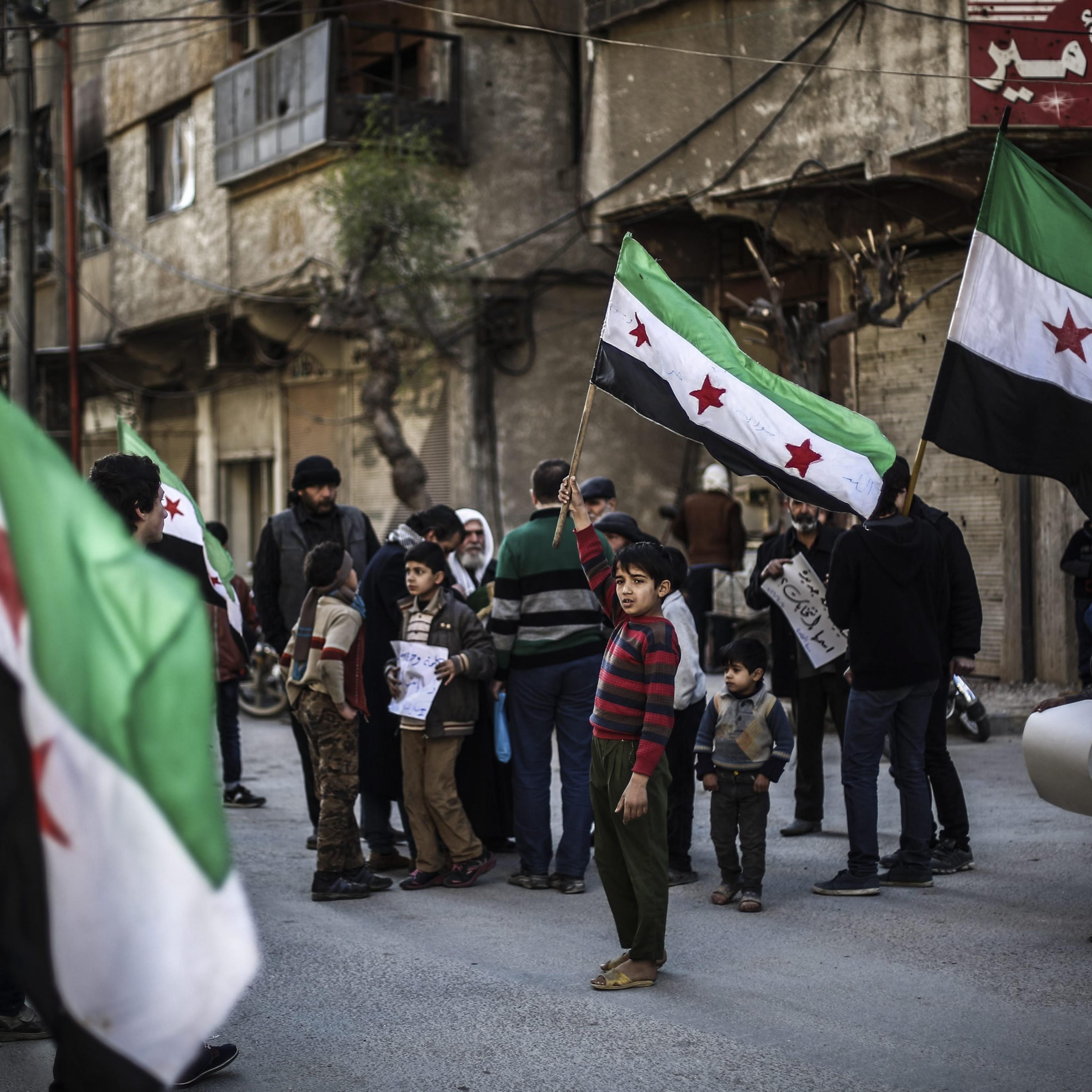 Protest against airstrikes in rebel-held city of Douma
