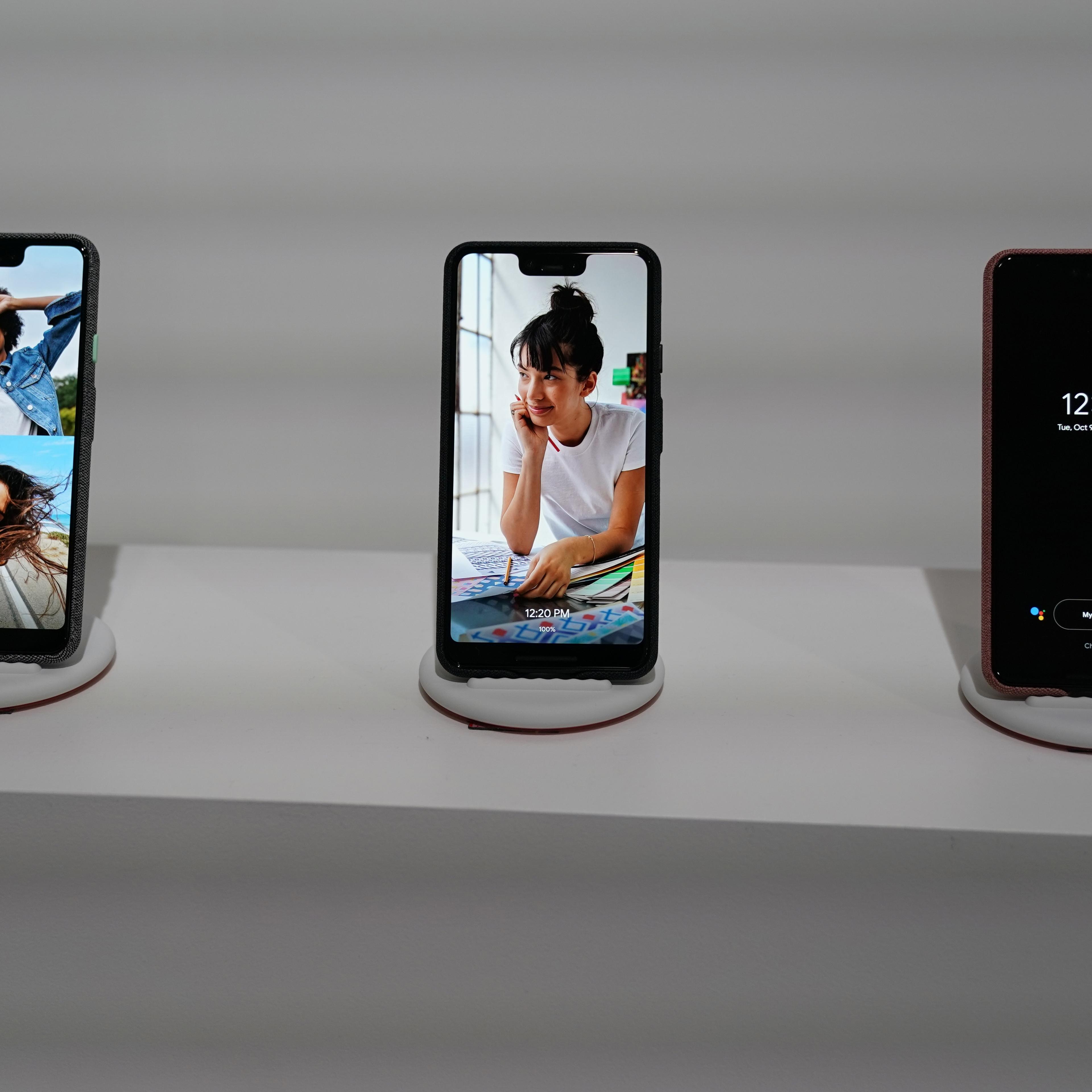 The Google Pixel 3 phone is on display during the official launch of the new Google Pixel 3 and 3 XL phone at a press conference in New York on October 9,2018.