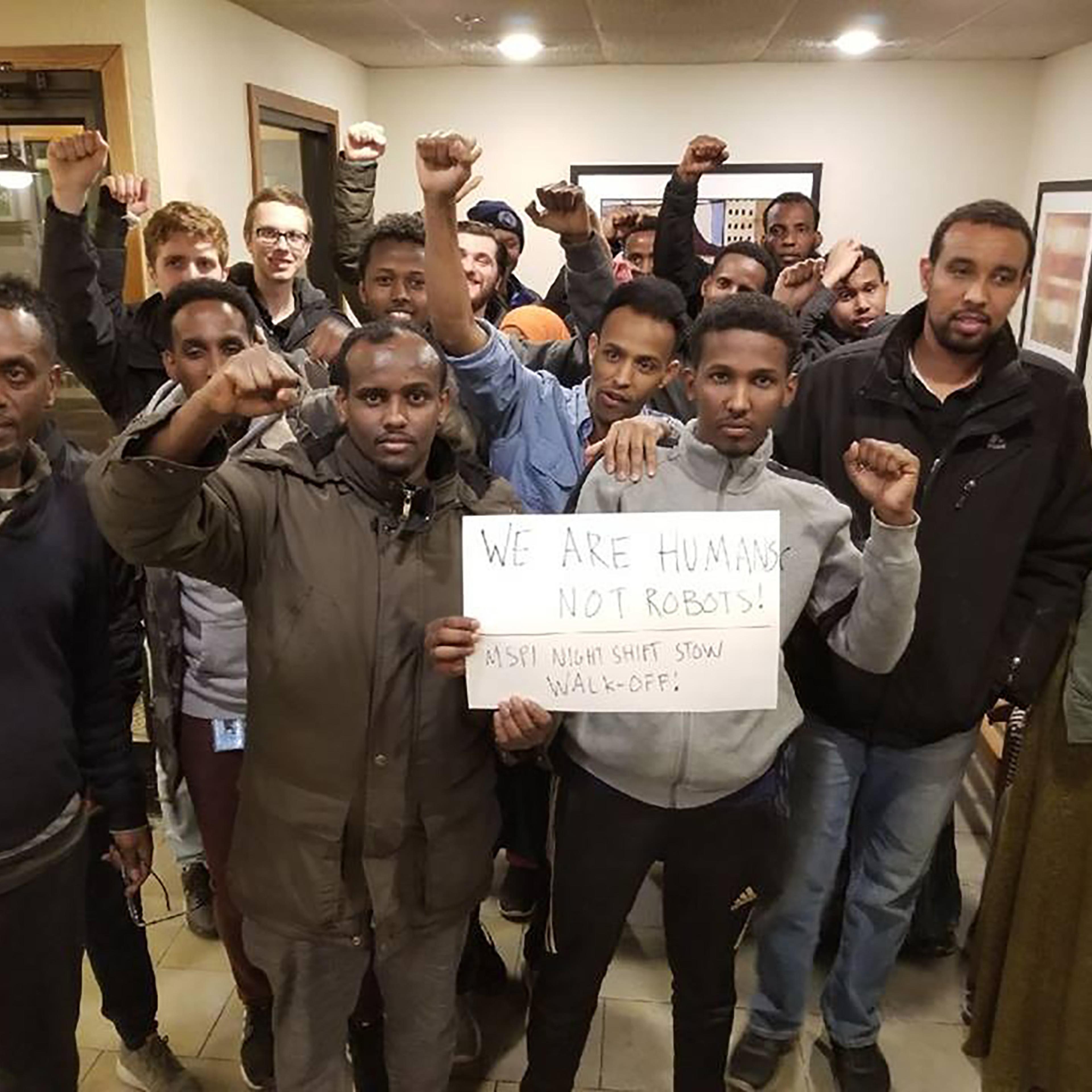 Workers protest at an Amazon fulfillment center in Minnesota on March 8.