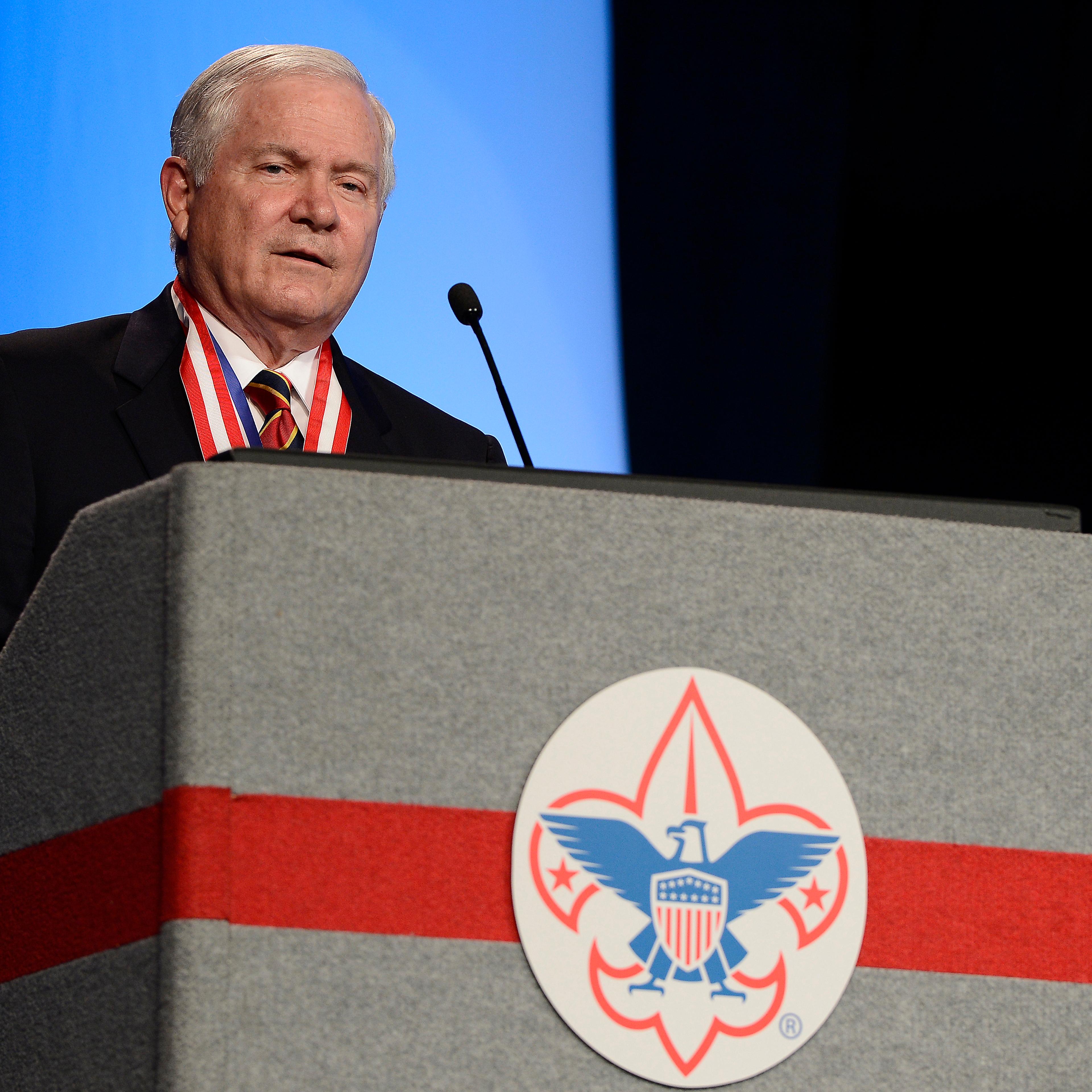 Former Defense Secretary Robert Gates addresses the Boy Scouts of America at the annual meeting on May 23, 2014, in Nashville.