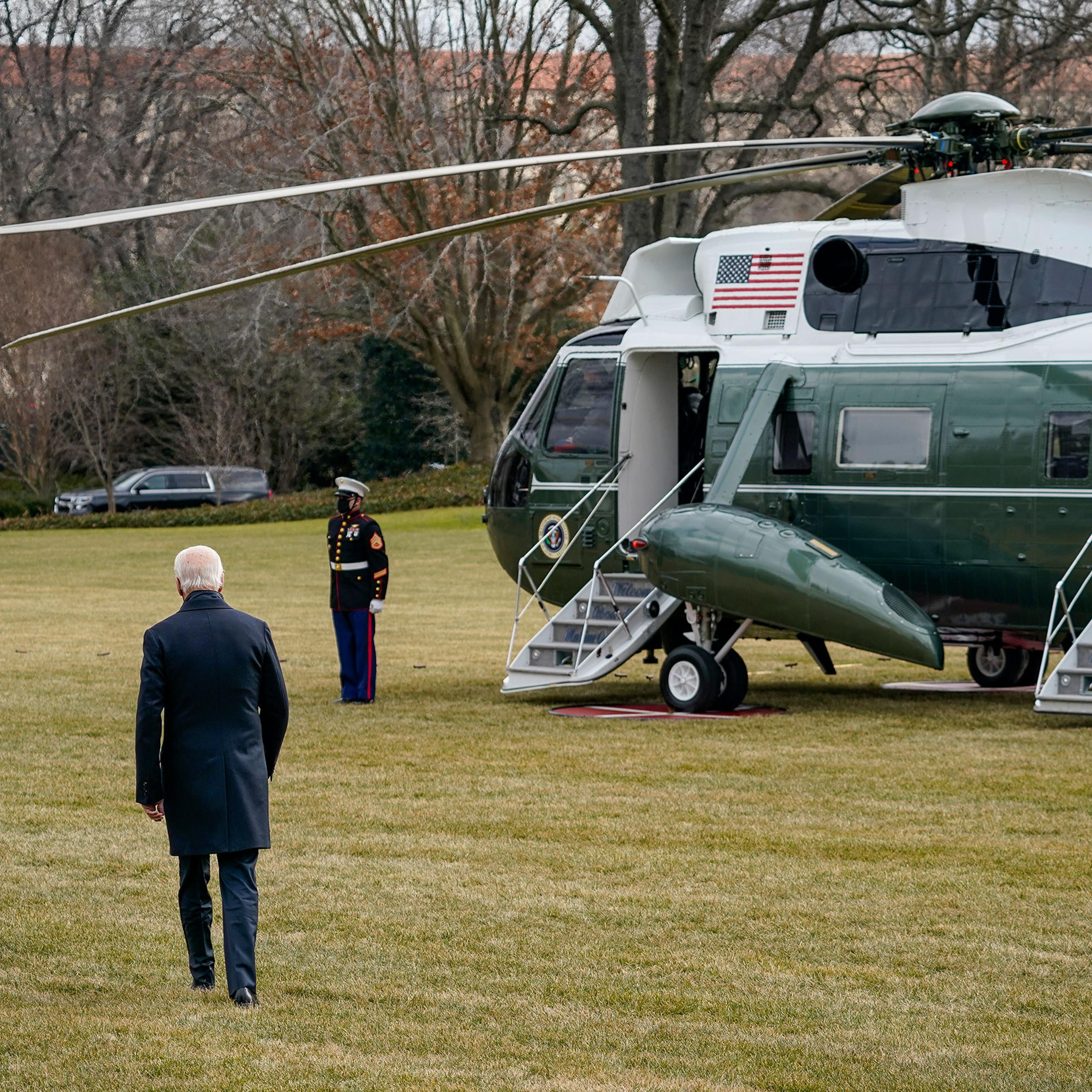 President Joe Biden walks to Marine One on the South Lawn of the White House on Jan. 29, 2021.