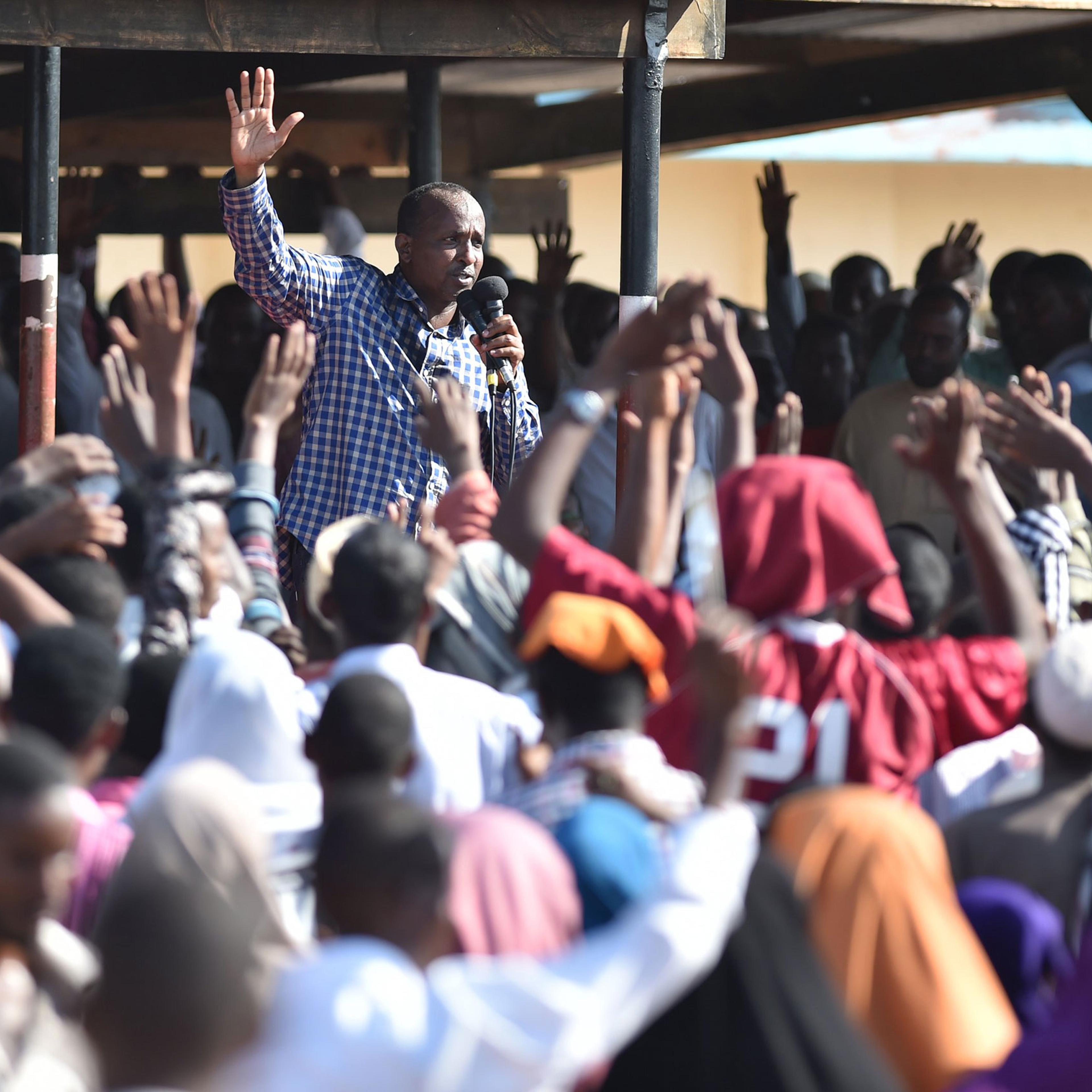 Kenya's National Assembly majority leader Aden Duale delivers a speech during a rally in Garissa, Kenya, on April 3, 2015. More than one thousand local residents attended the rally to emphasis security and condemn terrorist activities.
