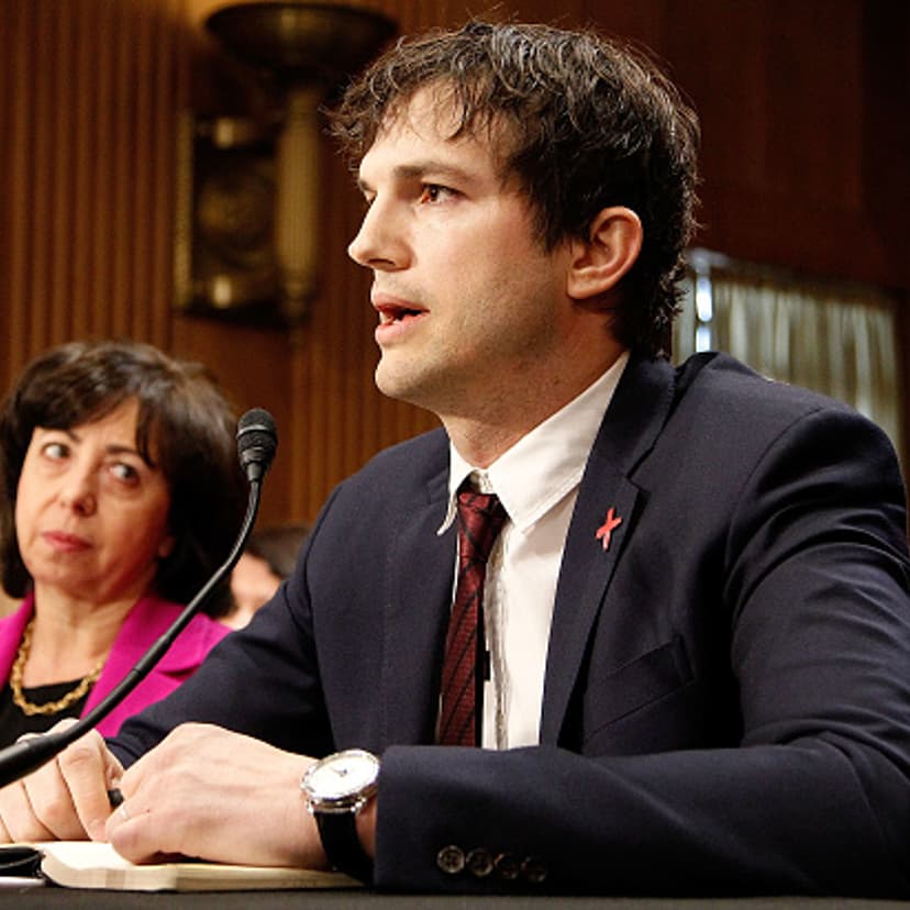 Ashton Kutcher, Actor and Co-Founder of Thorn: Digital Defenders of Children, speaks at a Senate Foreign Relations Committee hearing on Ending Modern Slavery: Building on Success at Dirksen Senate Office Building on February 15, 2017 in Washington, DC.