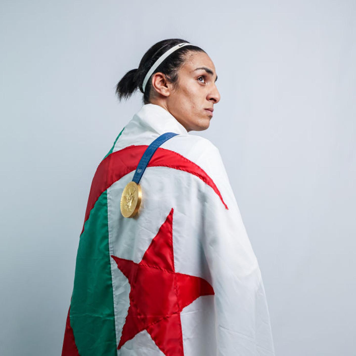 Gold medalist Imane Khelif of Team Algeria poses for a portrait during a photo session after winning the Women's Boxing 66kg Final match at the Paris 2024 Olympic Games at Saint-Denis in Paris, France, on Aug. 10, 2024.