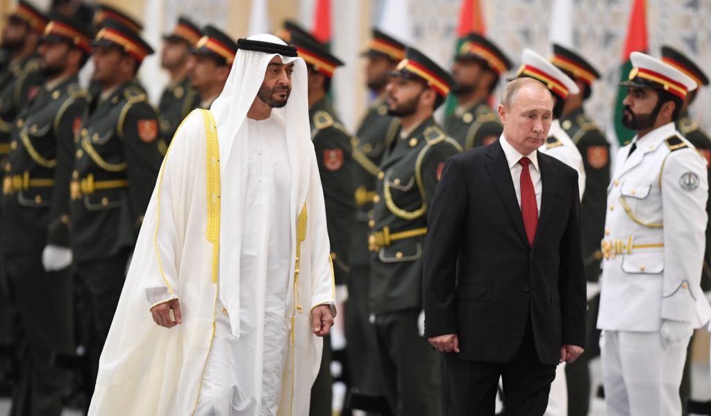 Russian President Vladimir Putin (R) is received by Sheikh Mohamed bin Zayed al-Nahyan, Crown Prince of Abu Dhabi, during an official welcoming in the Emirati capital's Al-Watan presidential palace on Oct 15, 2019.