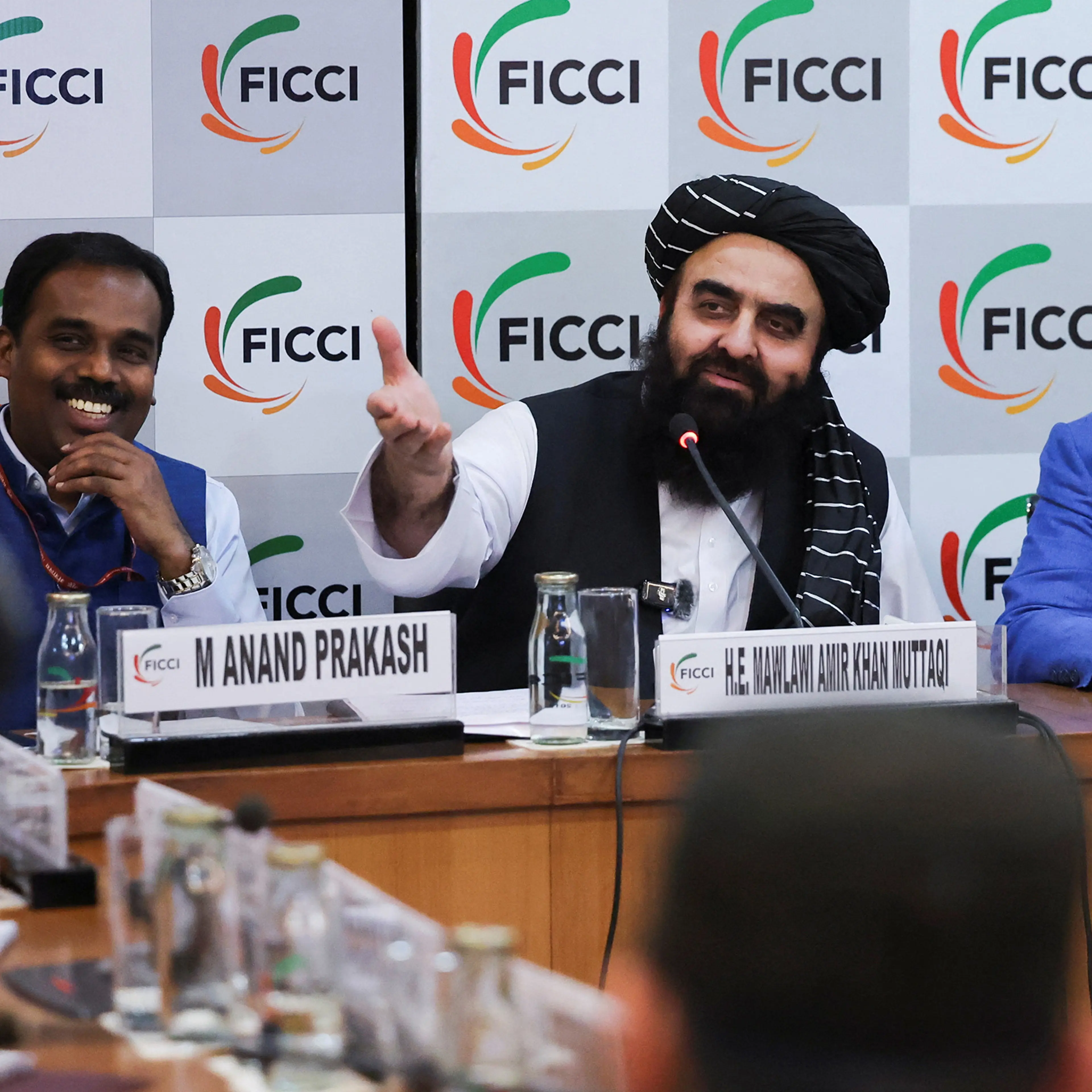 Afghanistan's Taliban Foreign Minister Amir Khan Muttaqi at a roundtable at the Federation of Indian Chambers of Commerce & Industry (FICCI) in New Delhi