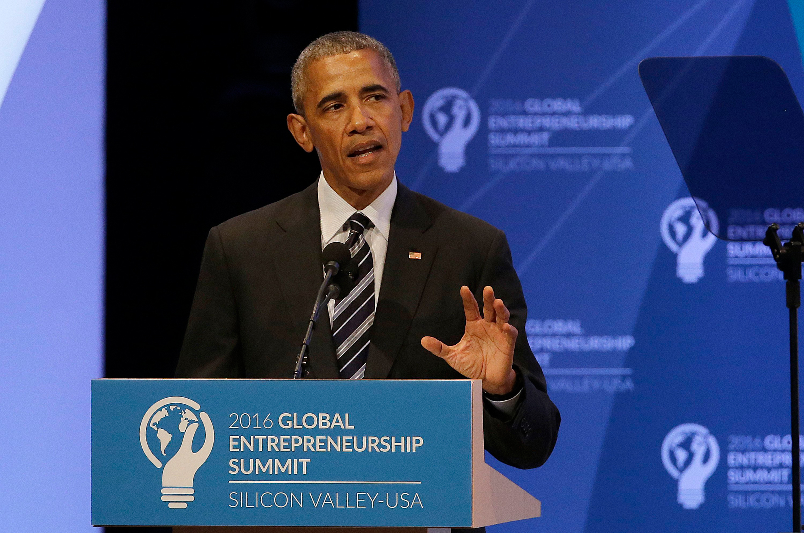 President Barack Obama speaks at the Global Entrepreneurship Summit in Stanford, Calif., Friday, June 24, 2016. (AP Photo/Jeff Chiu)