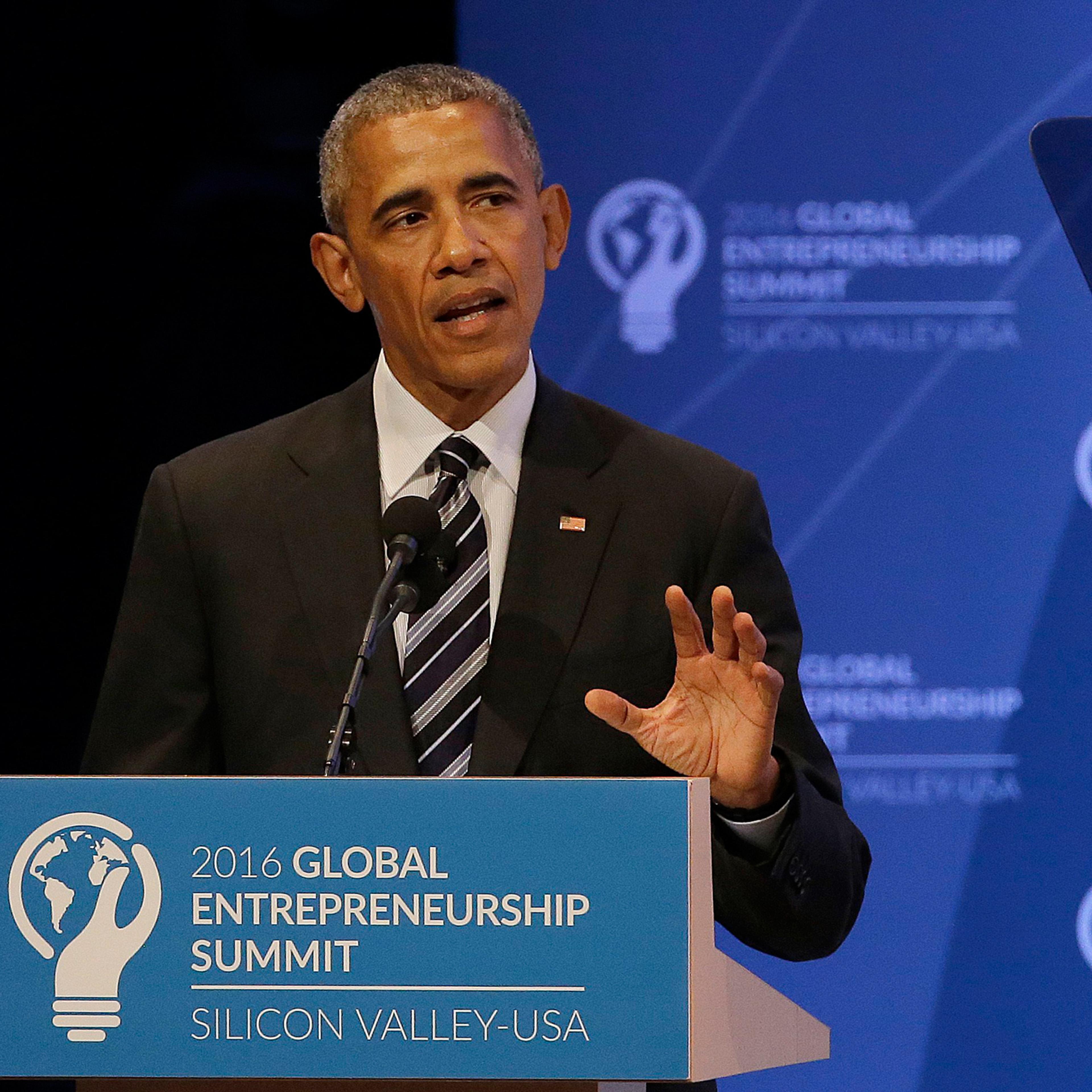 President Barack Obama speaks at the Global Entrepreneurship Summit in Stanford, Calif., Friday, June 24, 2016. (AP Photo/Jeff Chiu)