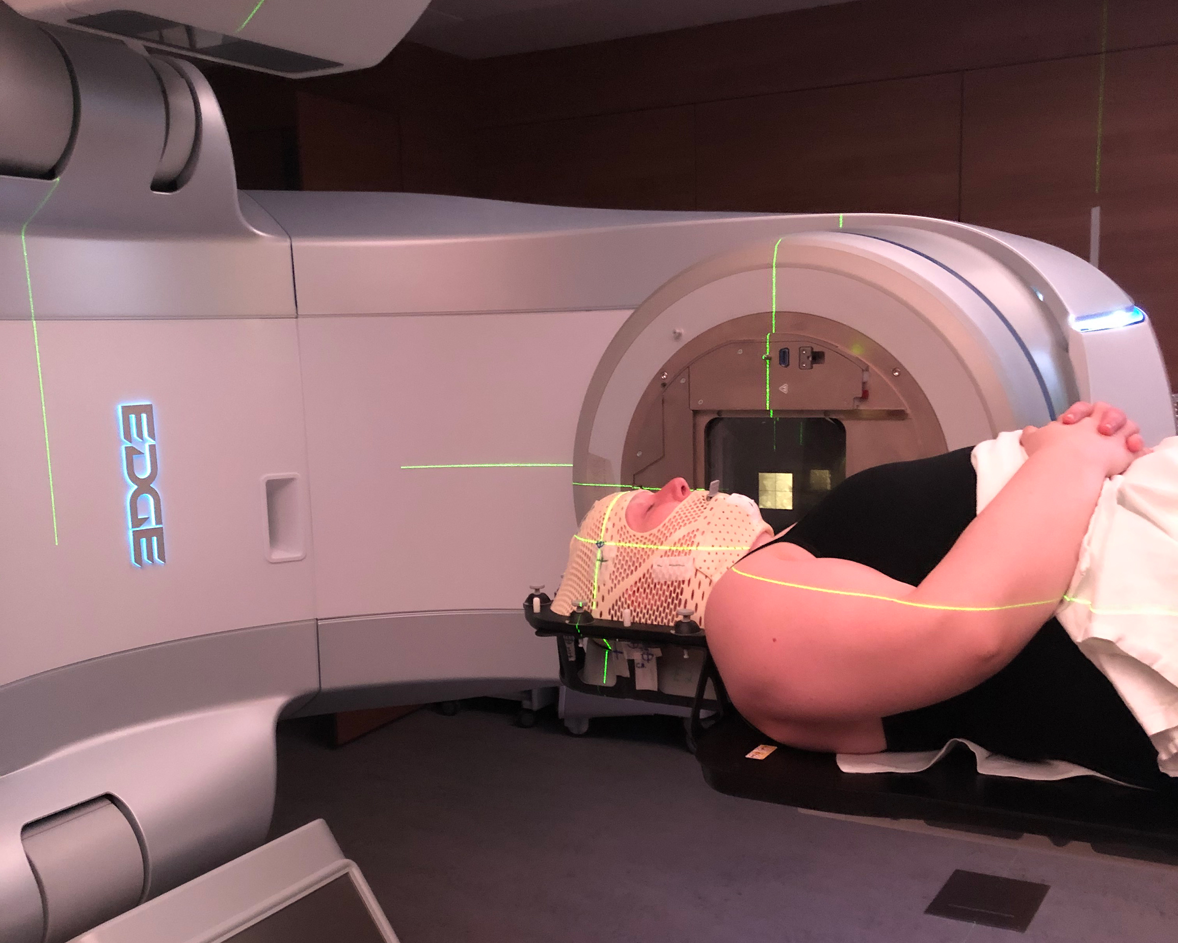 Geib undergoing radiation therapy in July 2020 to treat cancer that has spread to her brain