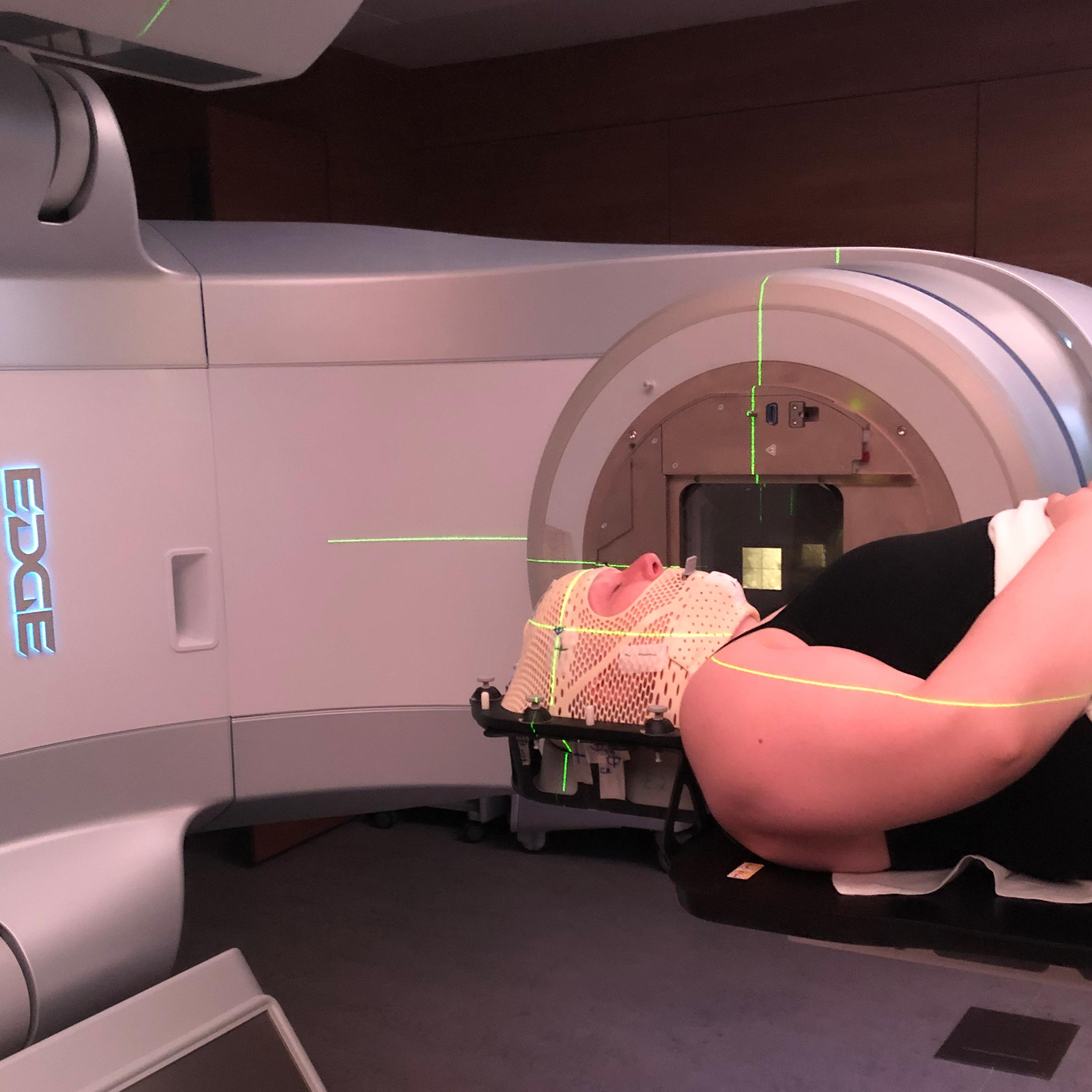 Geib undergoing radiation therapy in July 2020 to treat cancer that has spread to her brain