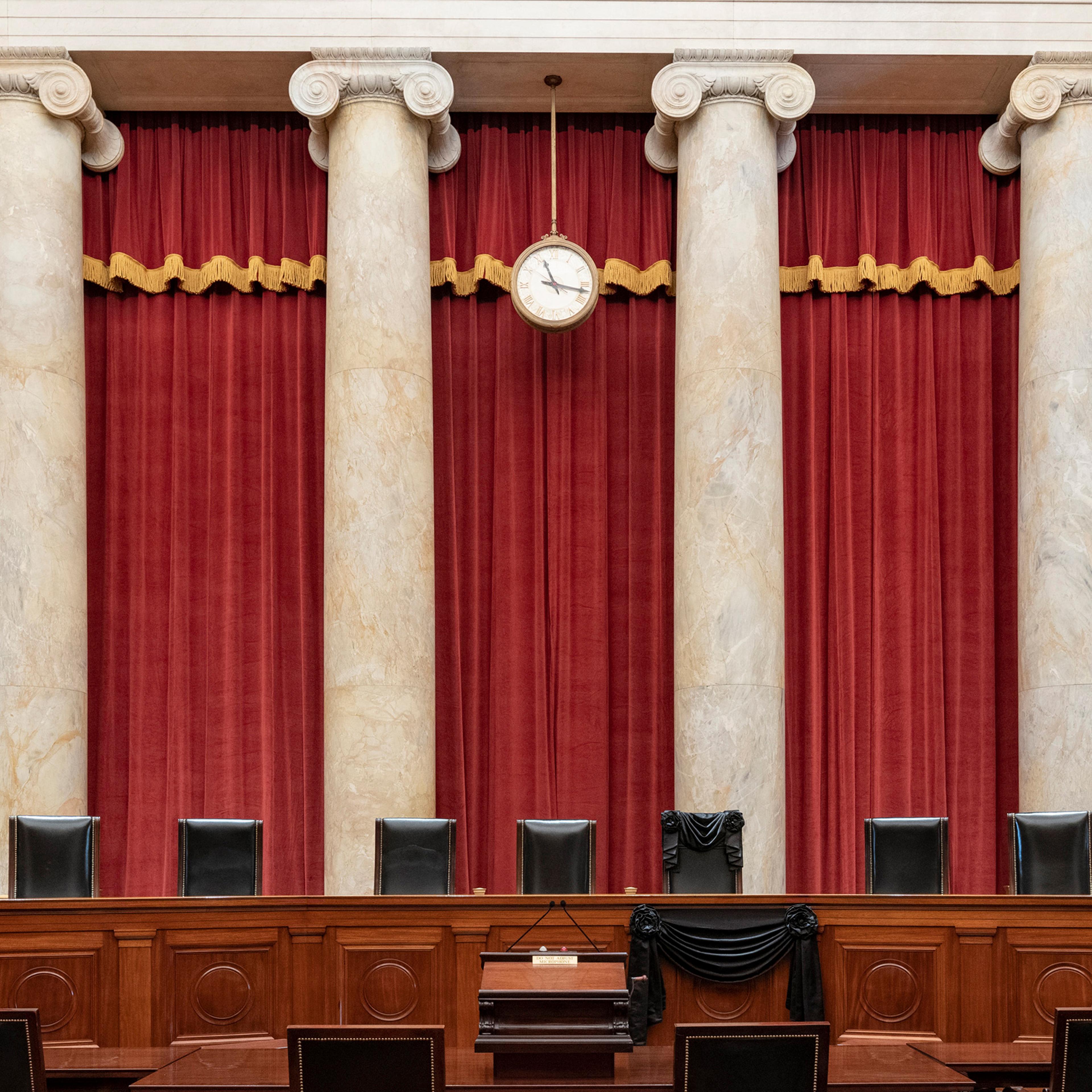 This Sept. 19 photo shows the Bench draped for the death of Supreme Court Associate Justice Ruth Bader Ginsburg at the Supreme Court in Washington