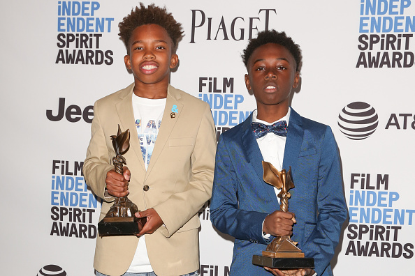 Actors Jaden Piner (L) and Alex R. Hibbert (R) attend the 2017 Film Independent Spirit Awards press room on February 25, 2017 in Santa Monica, California.