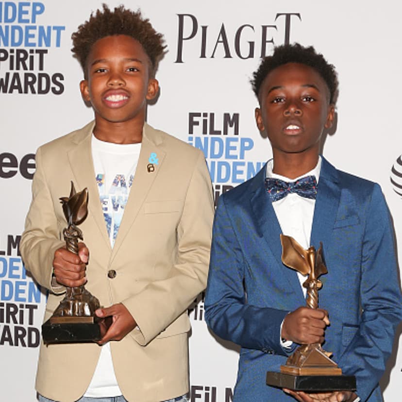 Actors Jaden Piner (L) and Alex R. Hibbert (R) attend the 2017 Film Independent Spirit Awards press room on February 25, 2017 in Santa Monica, California.