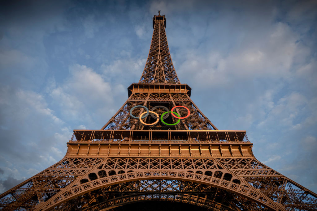 The Olympic rings are seen on the Eiffel Tower ahead of the start of the Paris 2024 Olympic Games on June 12, 2024 in Paris, France.