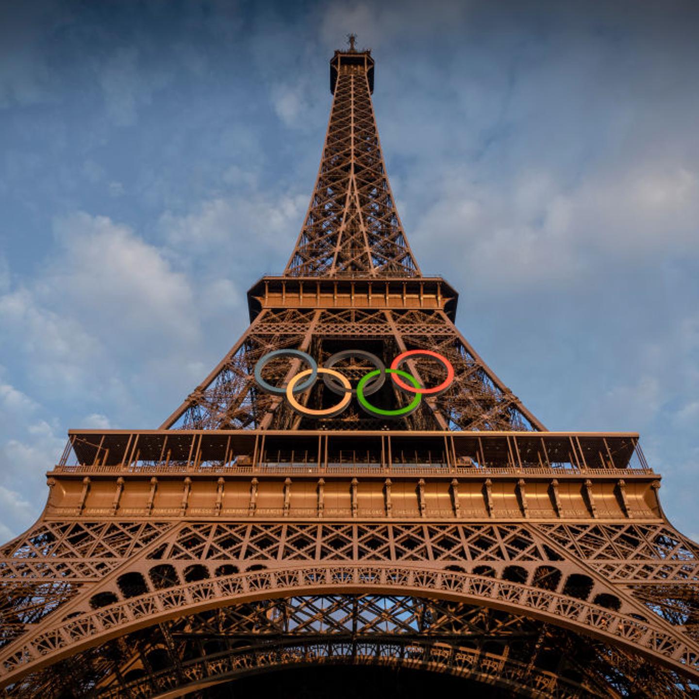 The Olympic rings are seen on the Eiffel Tower ahead of the start of the Paris 2024 Olympic Games on June 12, 2024 in Paris, France.