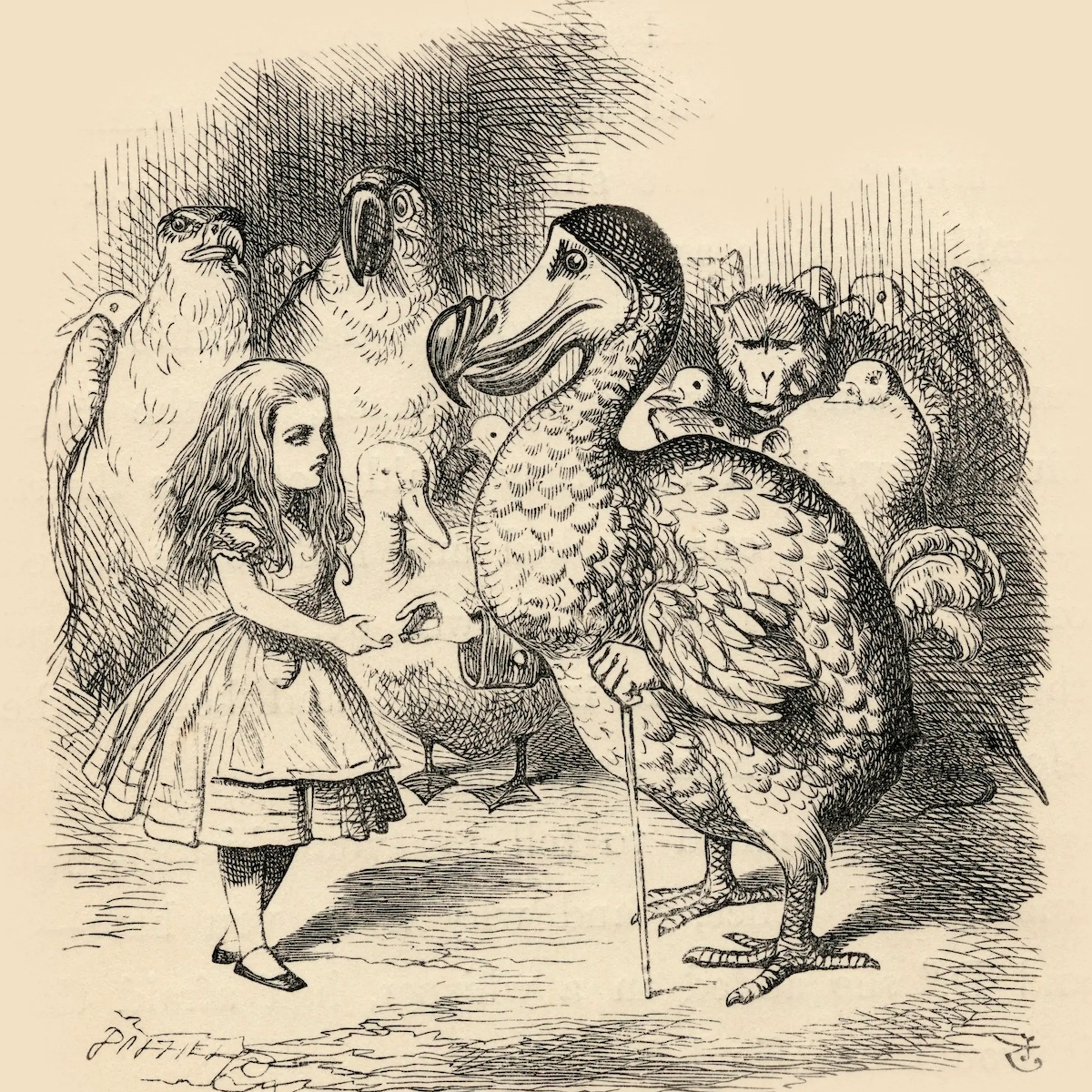 The Dodo solemnly presents Alice with a thimble Illustration by John Tenniel from the book Alices's Adventures in Wonderland by Lewis Carroll published 1891