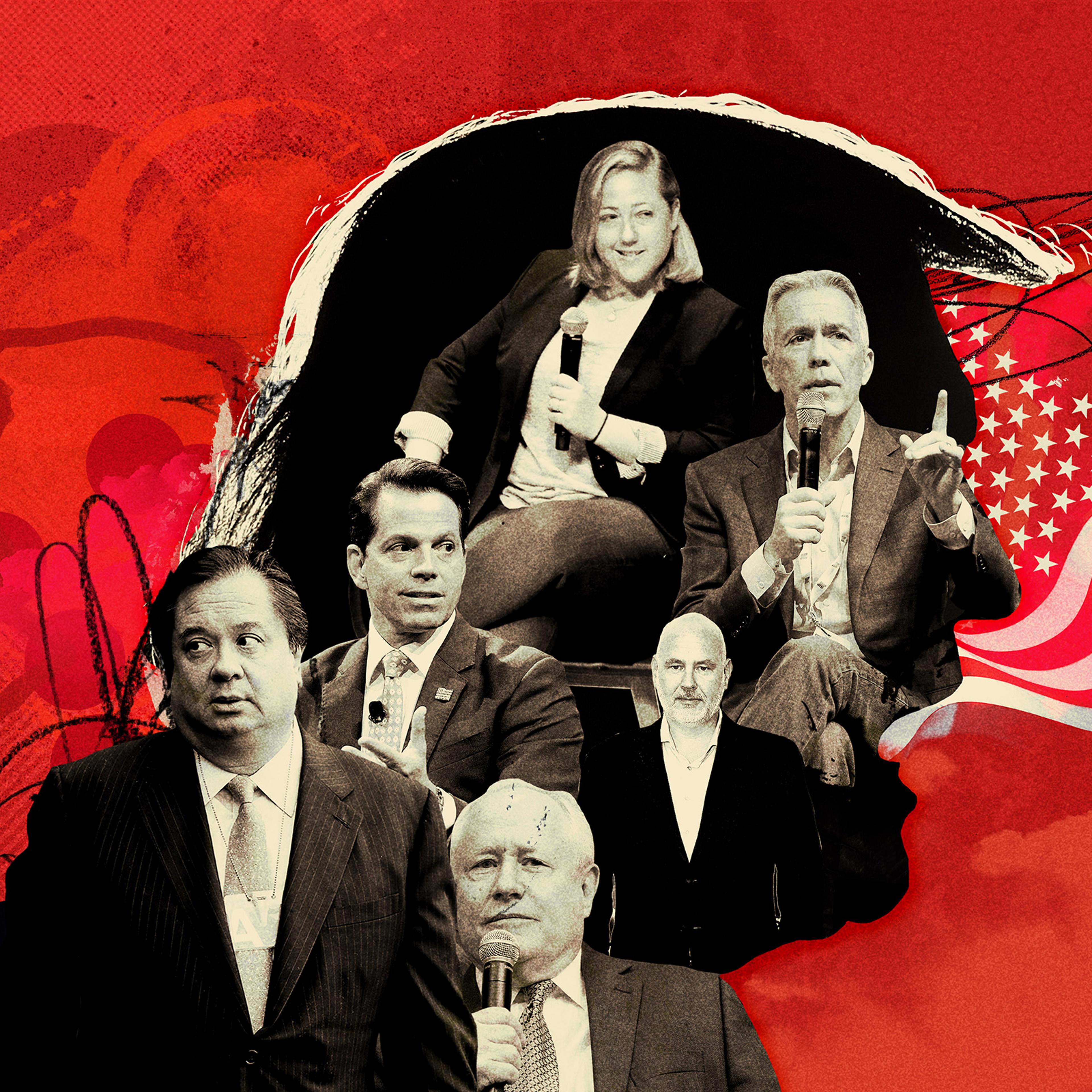 Clockwise from top: Trump critics Sarah Longwell, Joe Walsh, Steve Schmidt, Bill Kristol, George Conway and Anthony Scaramucci are working to defeat the President in November