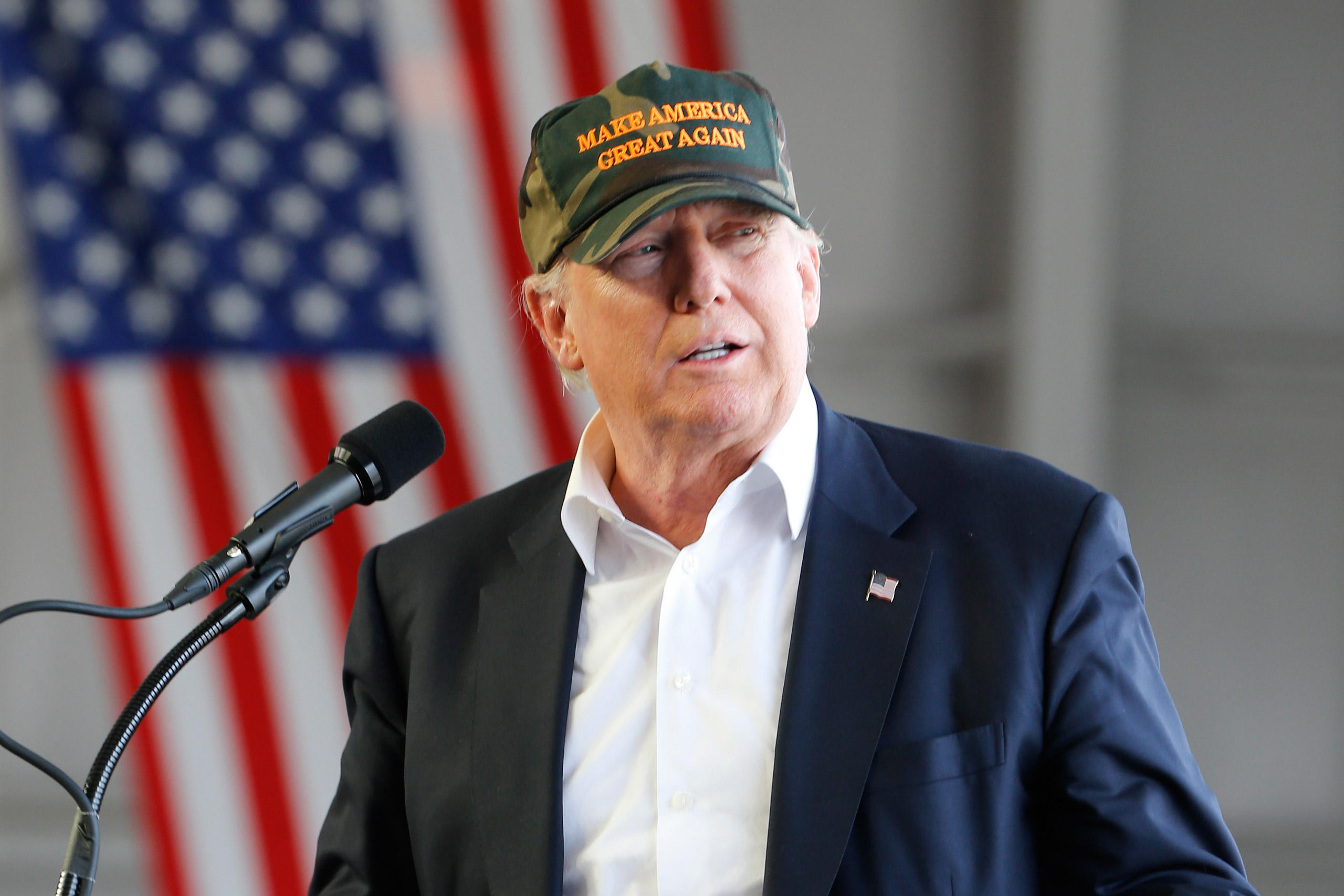 Republican Presidential candidate Donald Trump speaks during a campaign rally, Saturday, June 11, 2016 at a private hanger at Greater Pittsburgh International Airport in Moon, Pa. (AP Photo/Keith Srakocic)