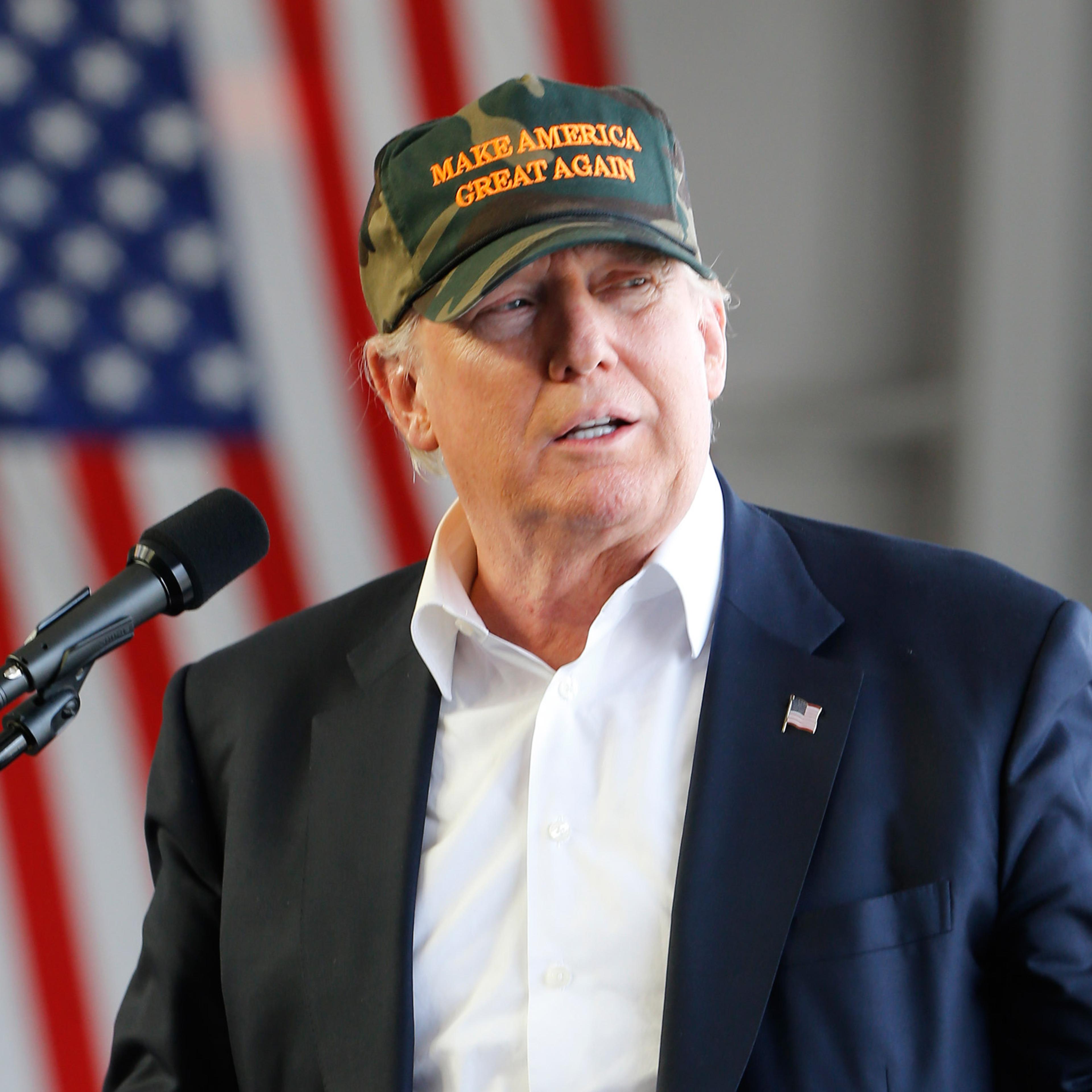 Republican Presidential candidate Donald Trump speaks during a campaign rally, Saturday, June 11, 2016 at a private hanger at Greater Pittsburgh International Airport in Moon, Pa. (AP Photo/Keith Srakocic)