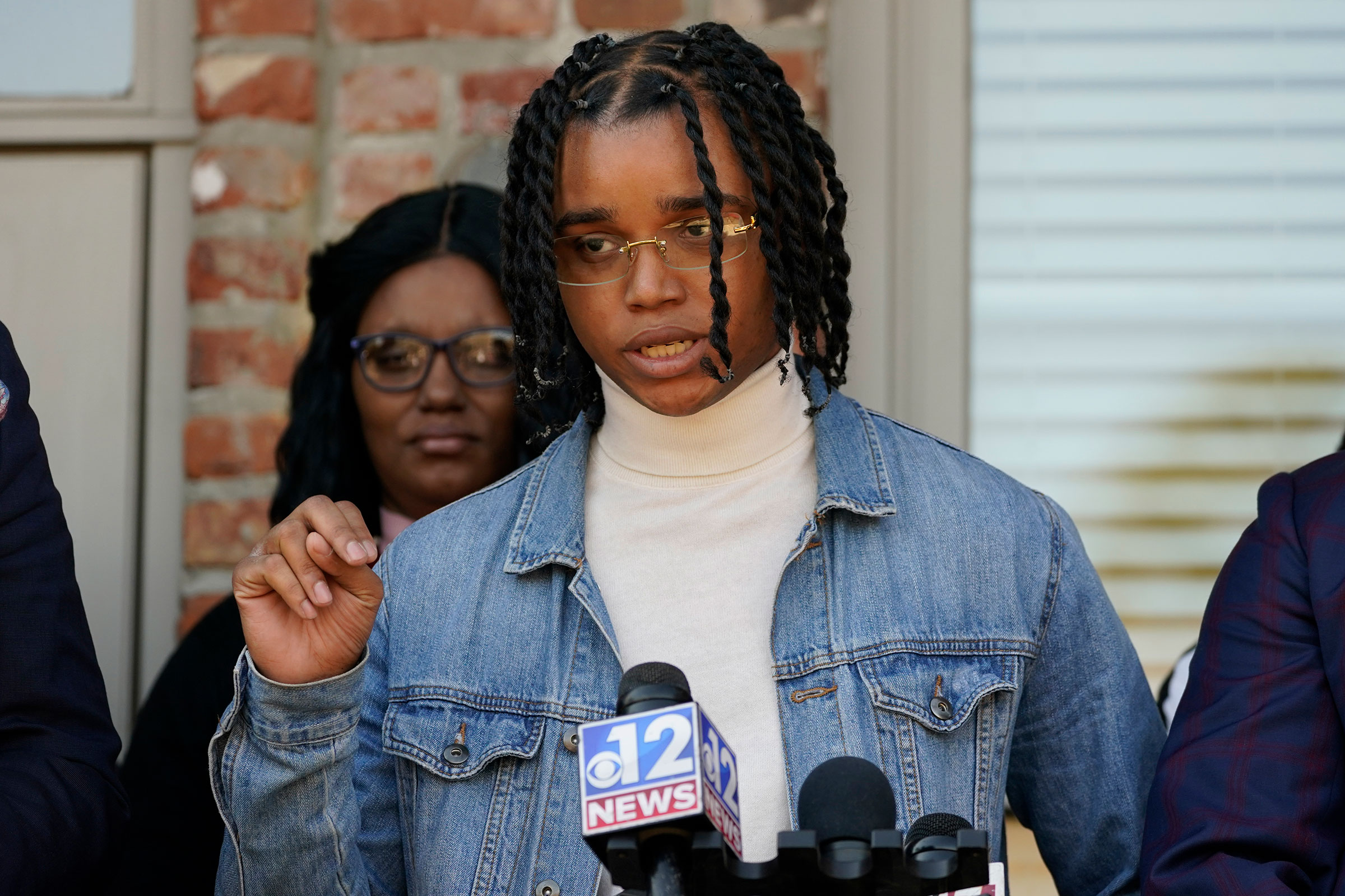 FedEx driver D’Monterrio Gibson, speaks about his recent experience where he says he was fired upon and chased by a white father and son while delivering packages on his route in Brookhaven, at a news conference in Ridgeland, Miss., on Feb. 10, 2022.