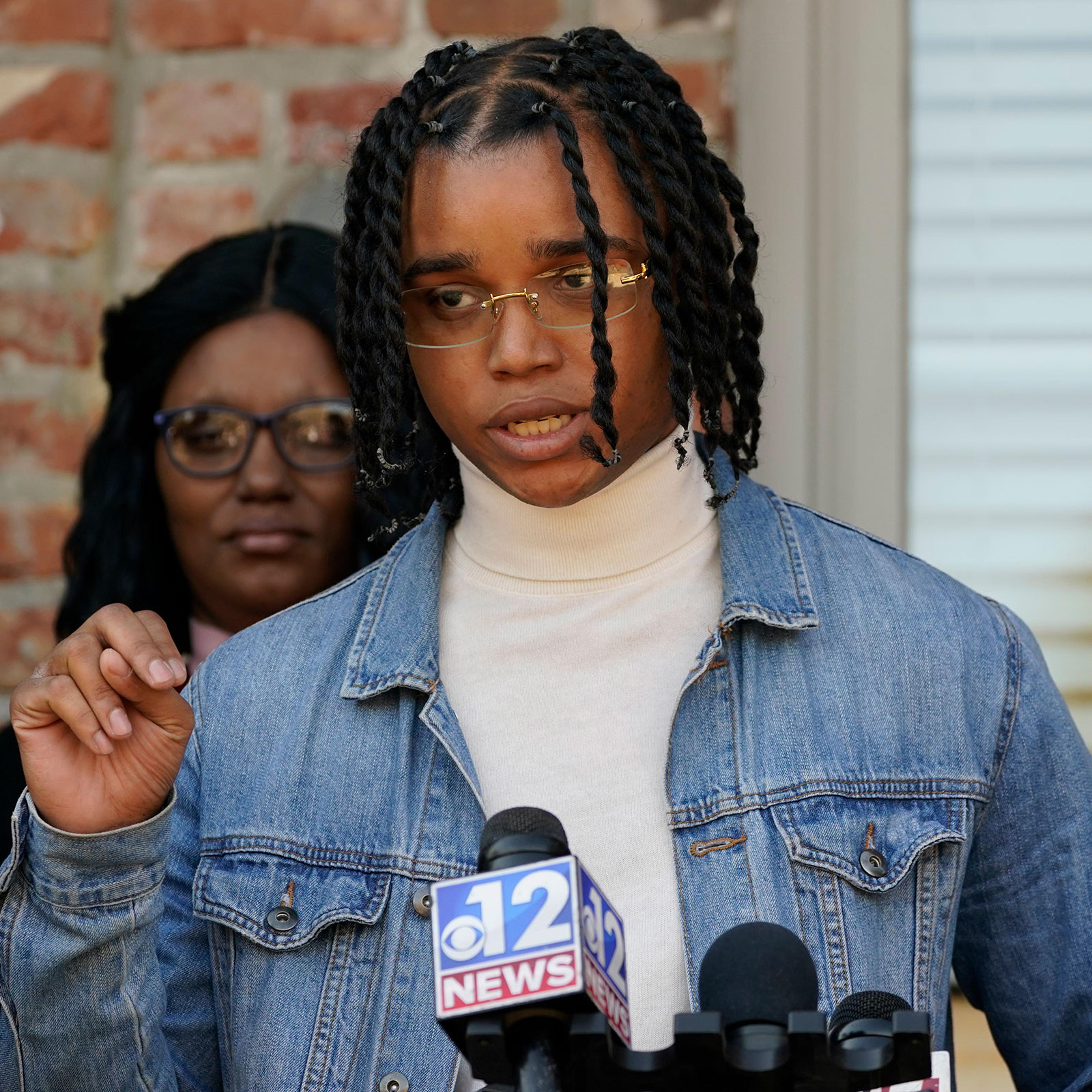 FedEx driver D’Monterrio Gibson, speaks about his recent experience where he says he was fired upon and chased by a white father and son while delivering packages on his route in Brookhaven, at a news conference in Ridgeland, Miss., on Feb. 10, 2022.