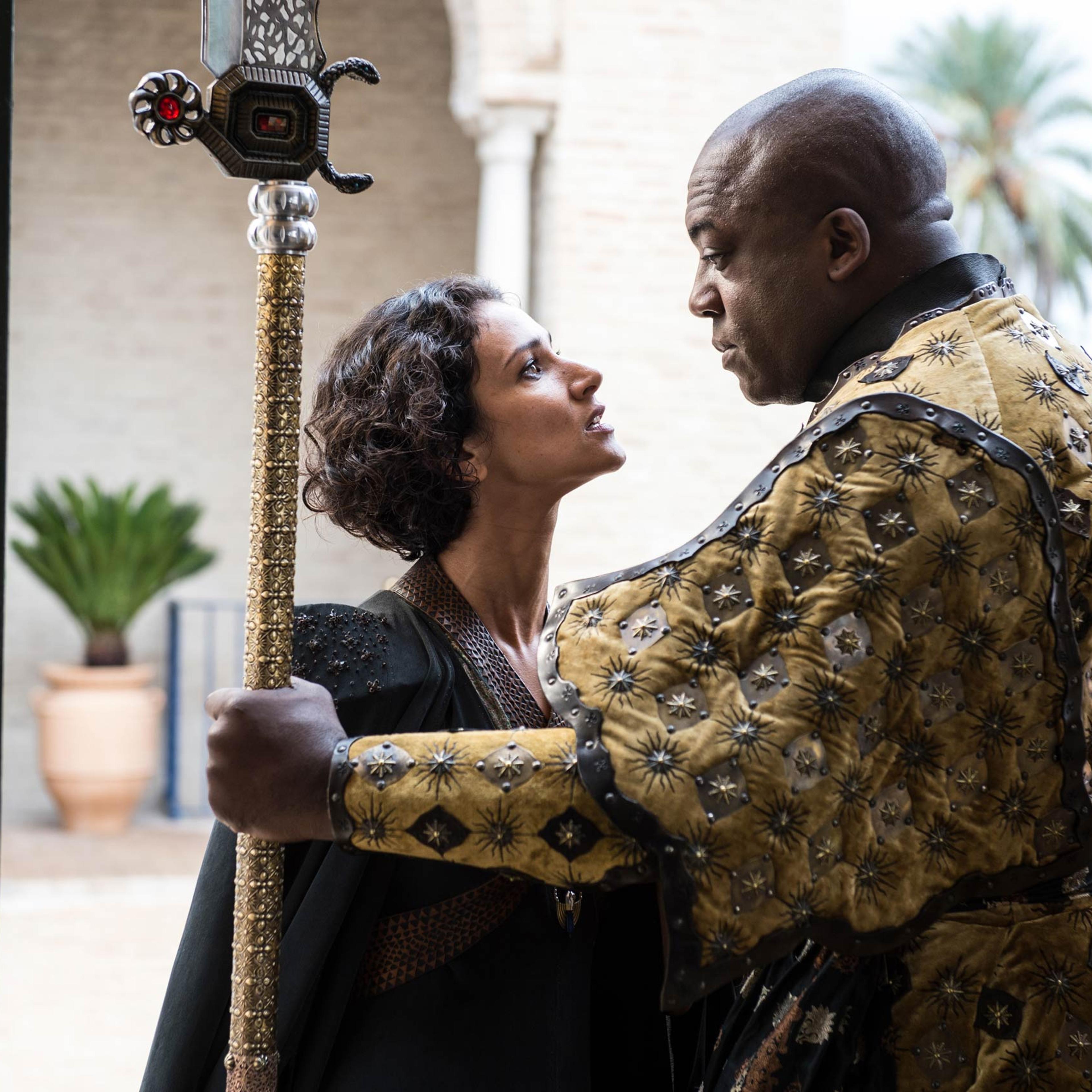 Indira Varma as Ellaria Sand and Deobia Opaeri as Areo Hotah.