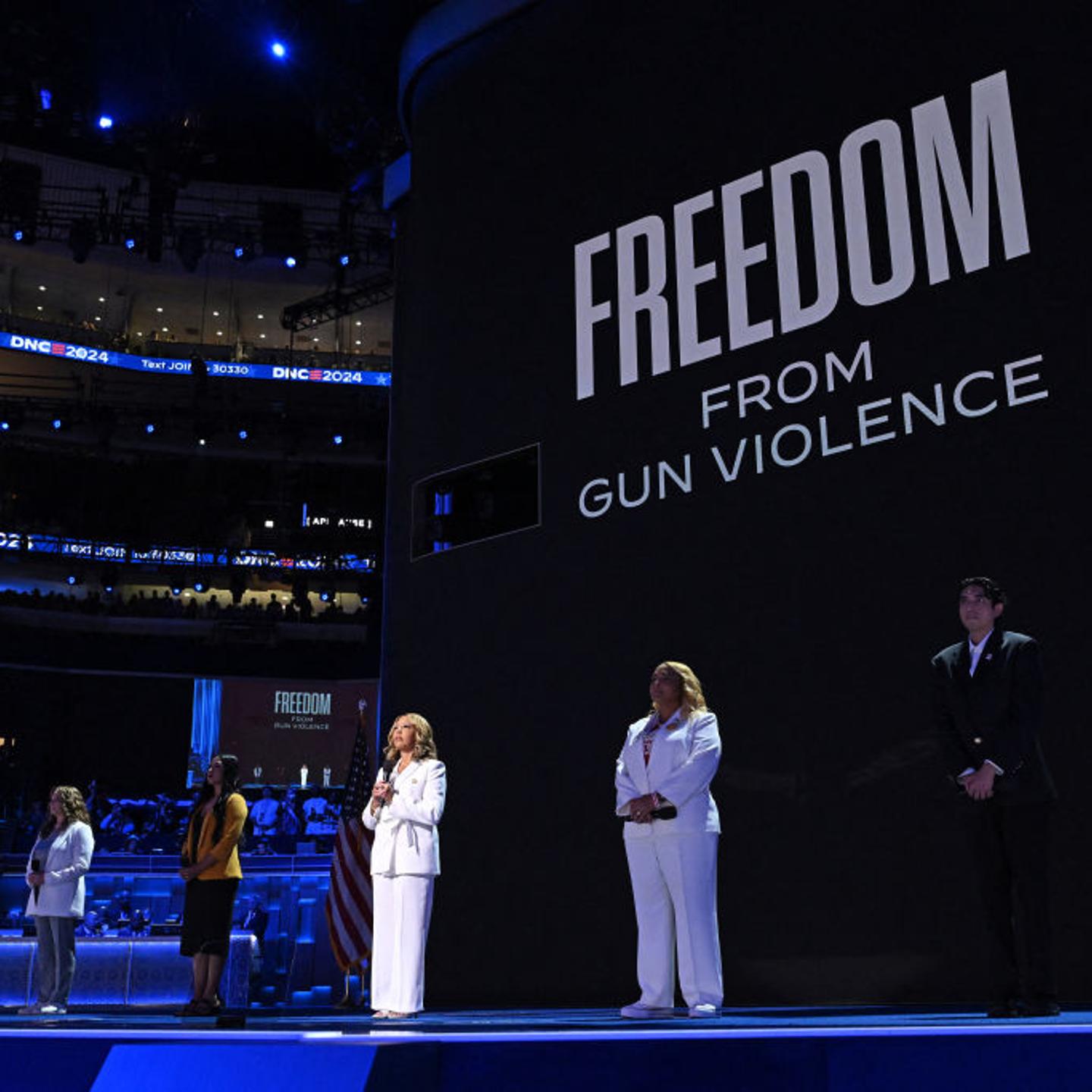 U.S. Representative Lucy McBath (D-Ga.) speaks about gun violence alongside others who have been affected by gun violence: Abbey Clements, Kim Rubio, Melody McFadden and Edgar Vilchez on the fourth and last day of the Democratic National Convention (DNC)
