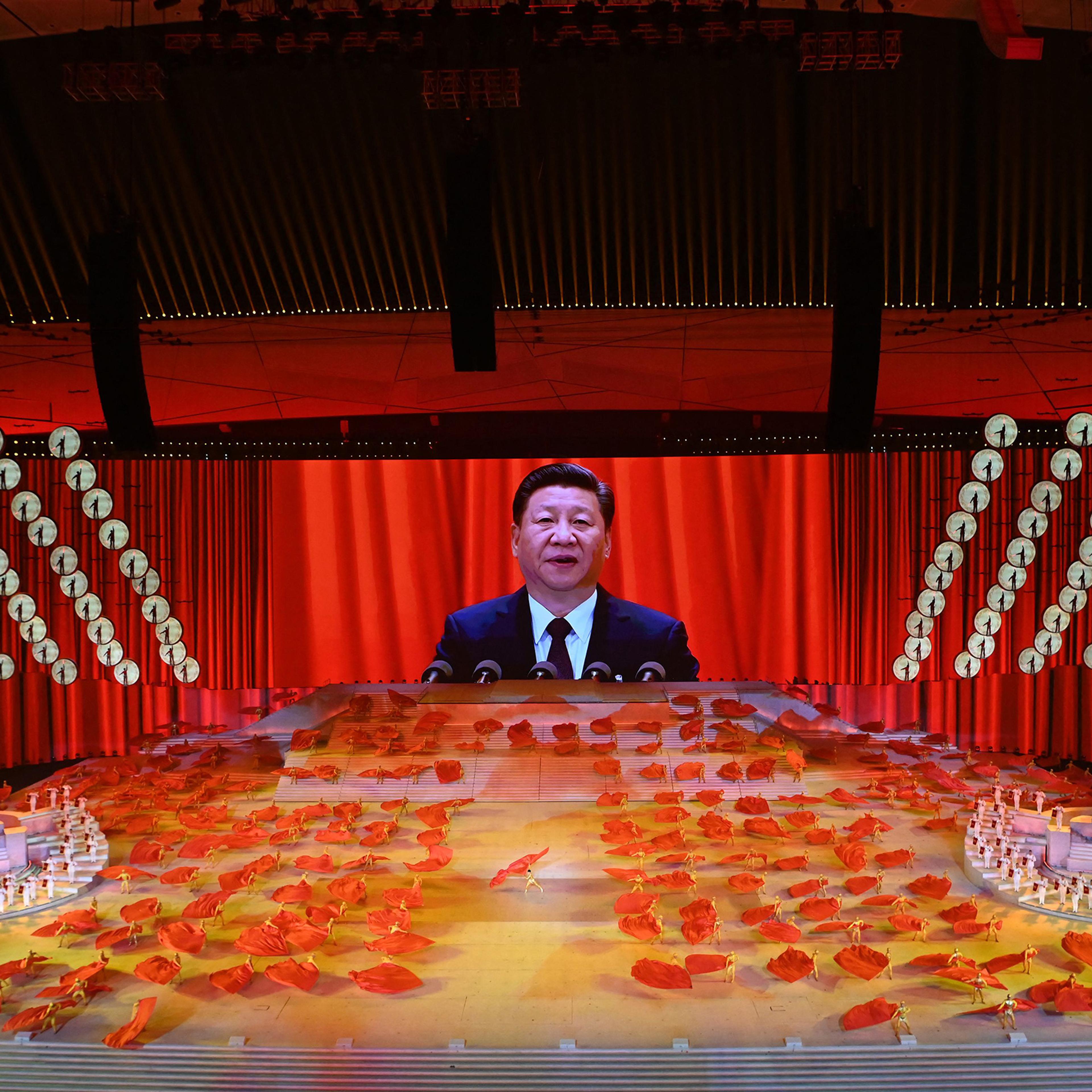 President Xi Jinping of China is seen on a large screen during a performance at the National Stadium in Beijing on June 28, 2021, as part of the celebrations of the 100th Anniversary of the founding of the Communist Party of China on July 1.