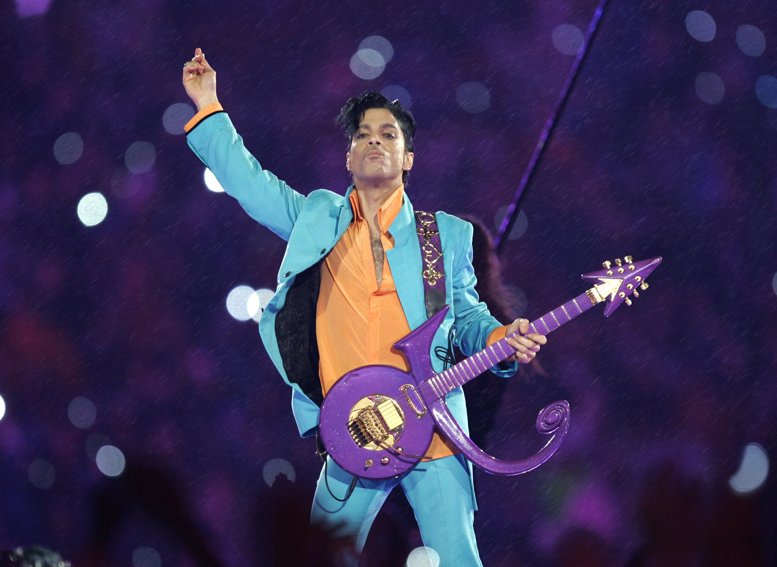 Prince performs during the halftime show at the Super Bowl XLI football game at Dolphin Stadium in Miami, Feb. 4, 2007.