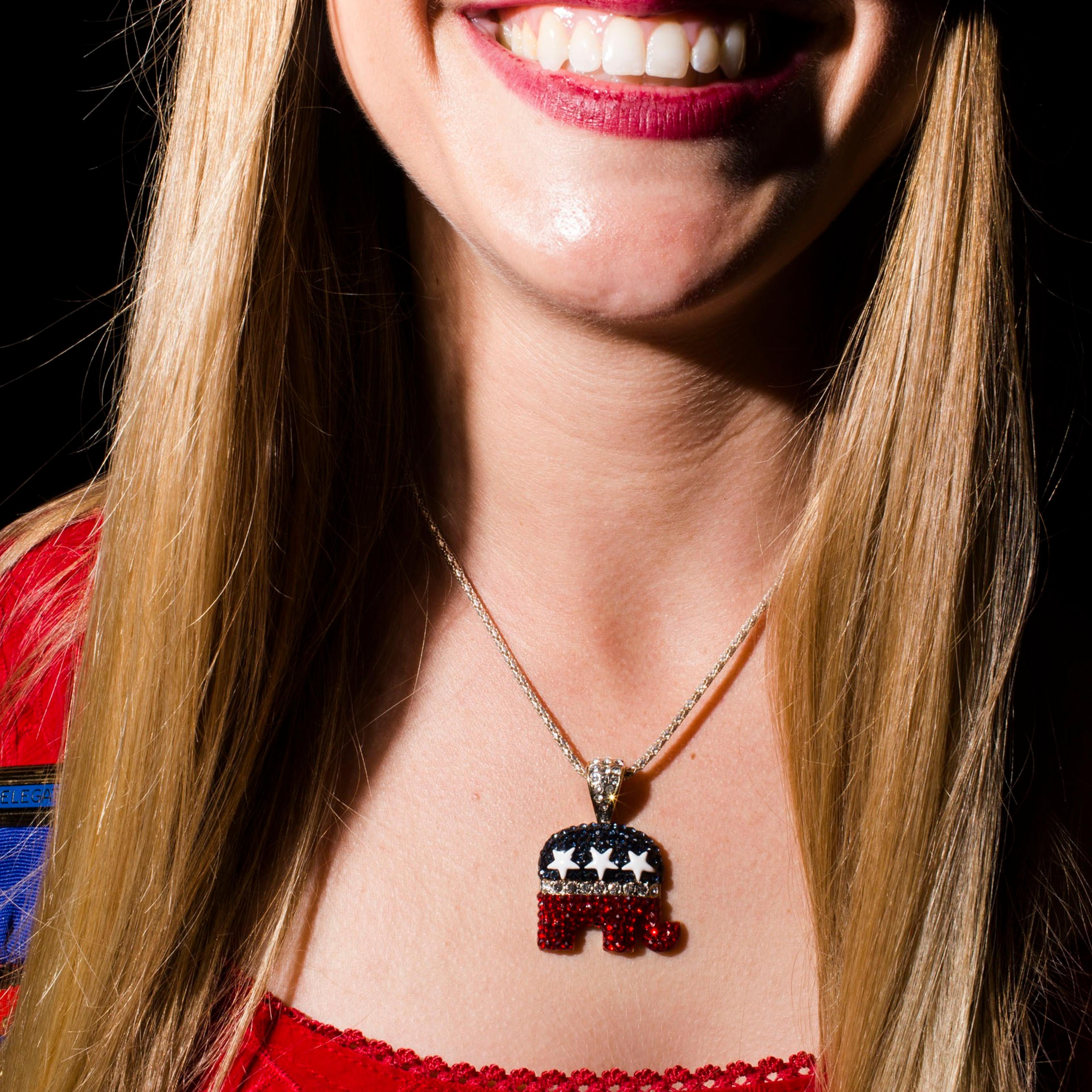 An elephant pendant is worn on the floor of the Republican National Convention in Cleveland on Tuesday, July 19, 2016.