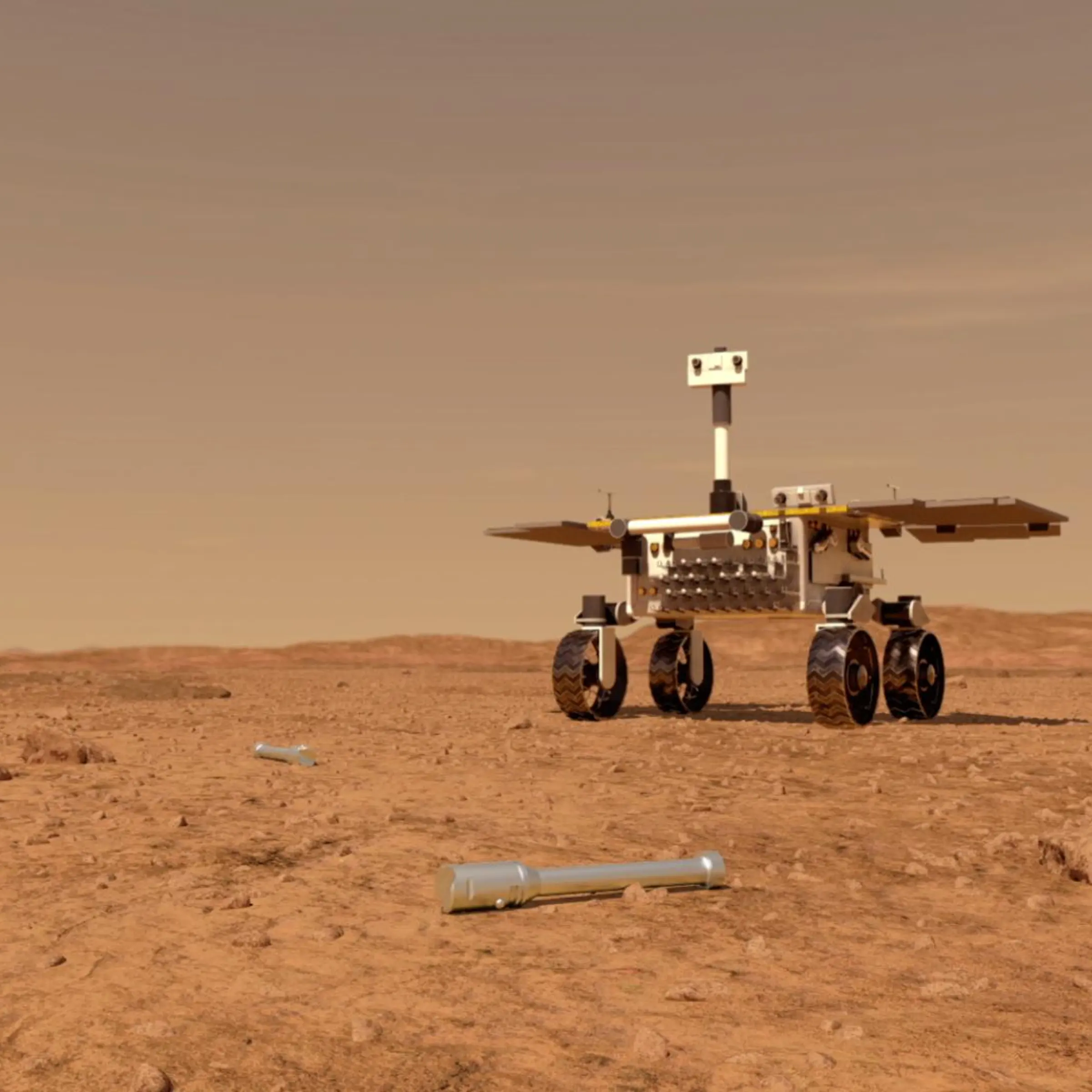 An artist's conception of the fetch rover approaching a sample collection tube.