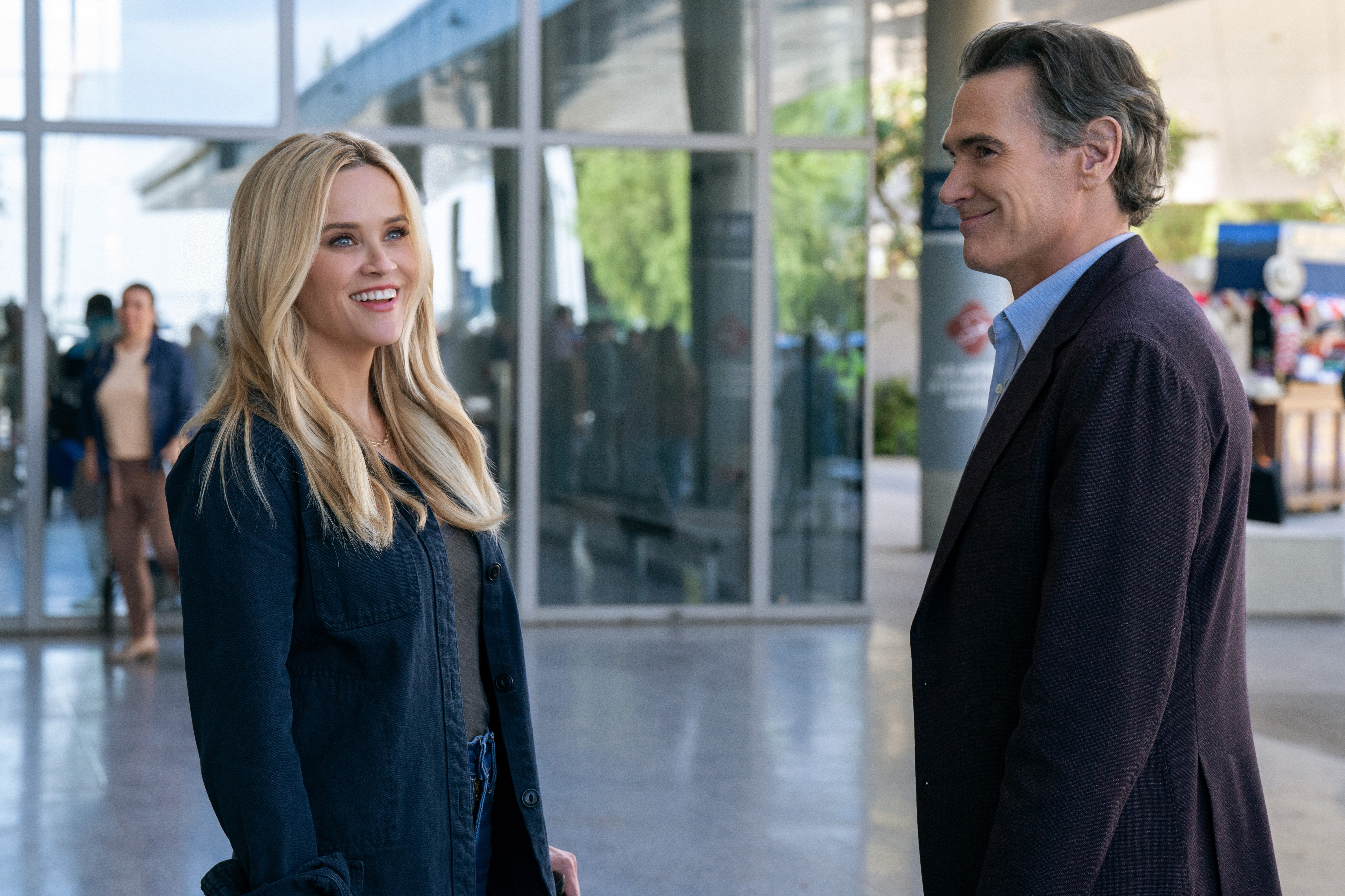 Reese Witherspoon as Bradley Jackson (left) and Billy Crudup as Cory Ellison (right) in "The Morning Show."