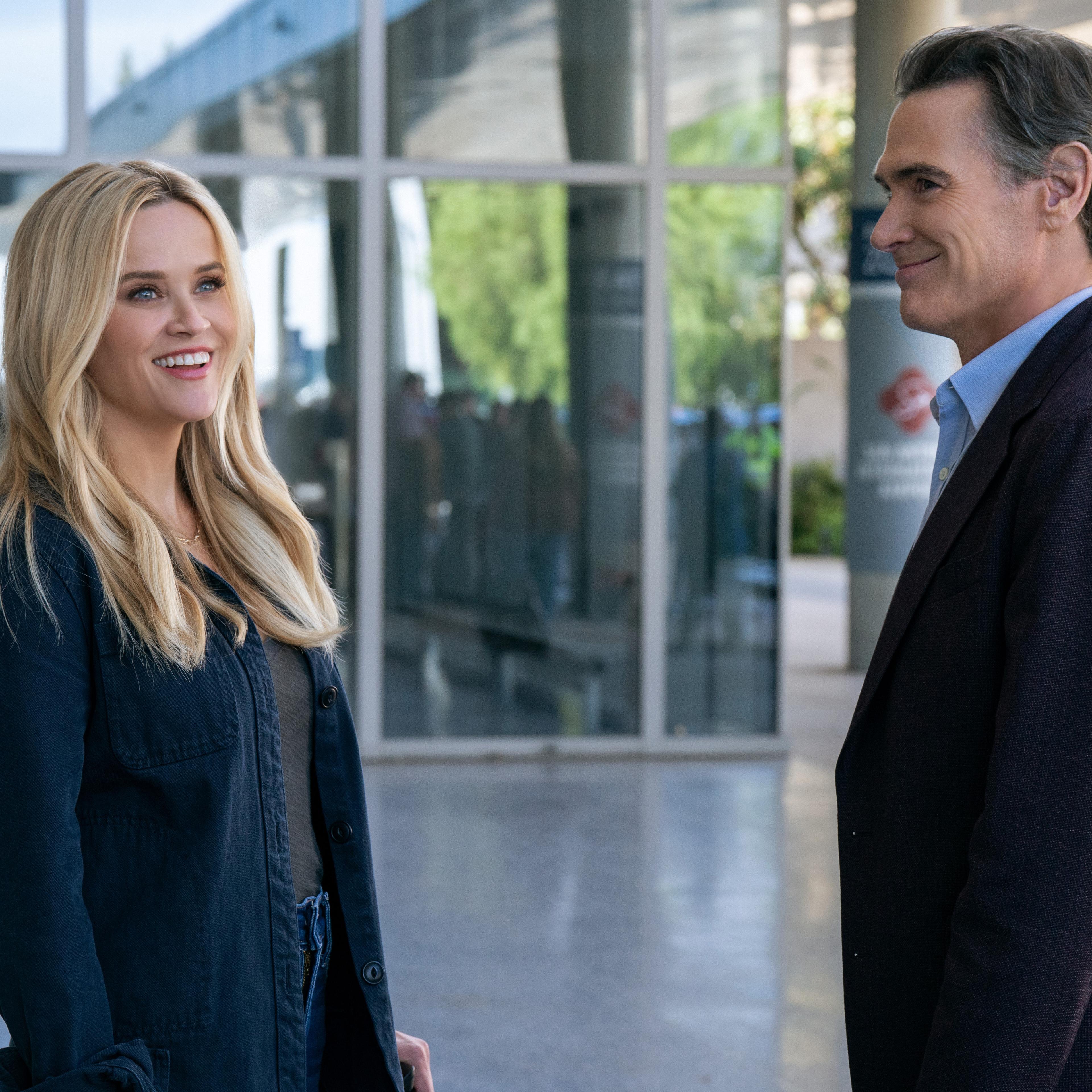 Reese Witherspoon as Bradley Jackson (left) and Billy Crudup as Cory Ellison (right) in "The Morning Show."