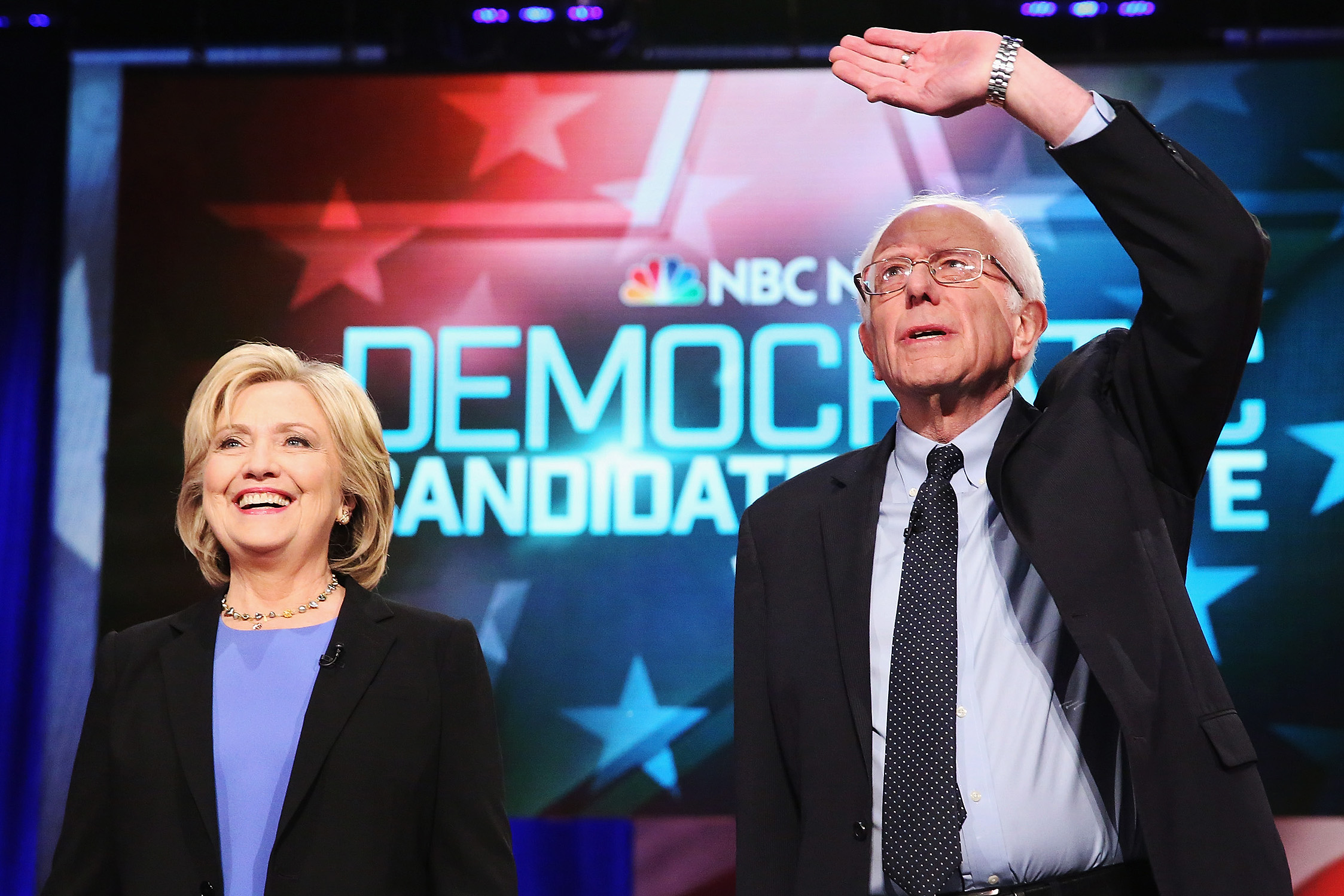 Democratic presidential candidates Hillary Clinton and Sen. Bernie Sanders, I-VT, participate in a Democratic debate on Jan. 17, 2016 in Charleston, S.C.