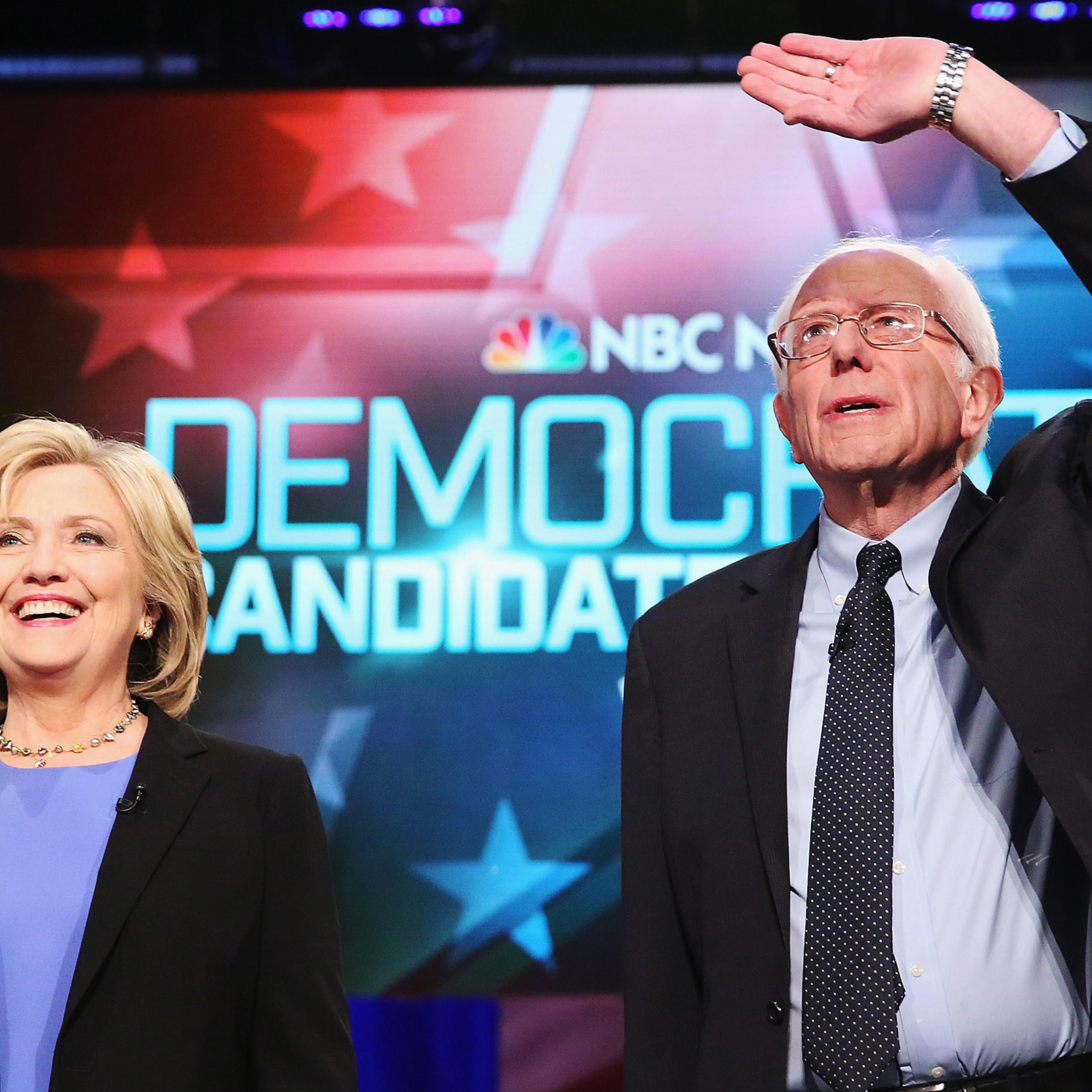 Democratic presidential candidates Hillary Clinton and Sen. Bernie Sanders, I-VT, participate in a Democratic debate on Jan. 17, 2016 in Charleston, S.C.