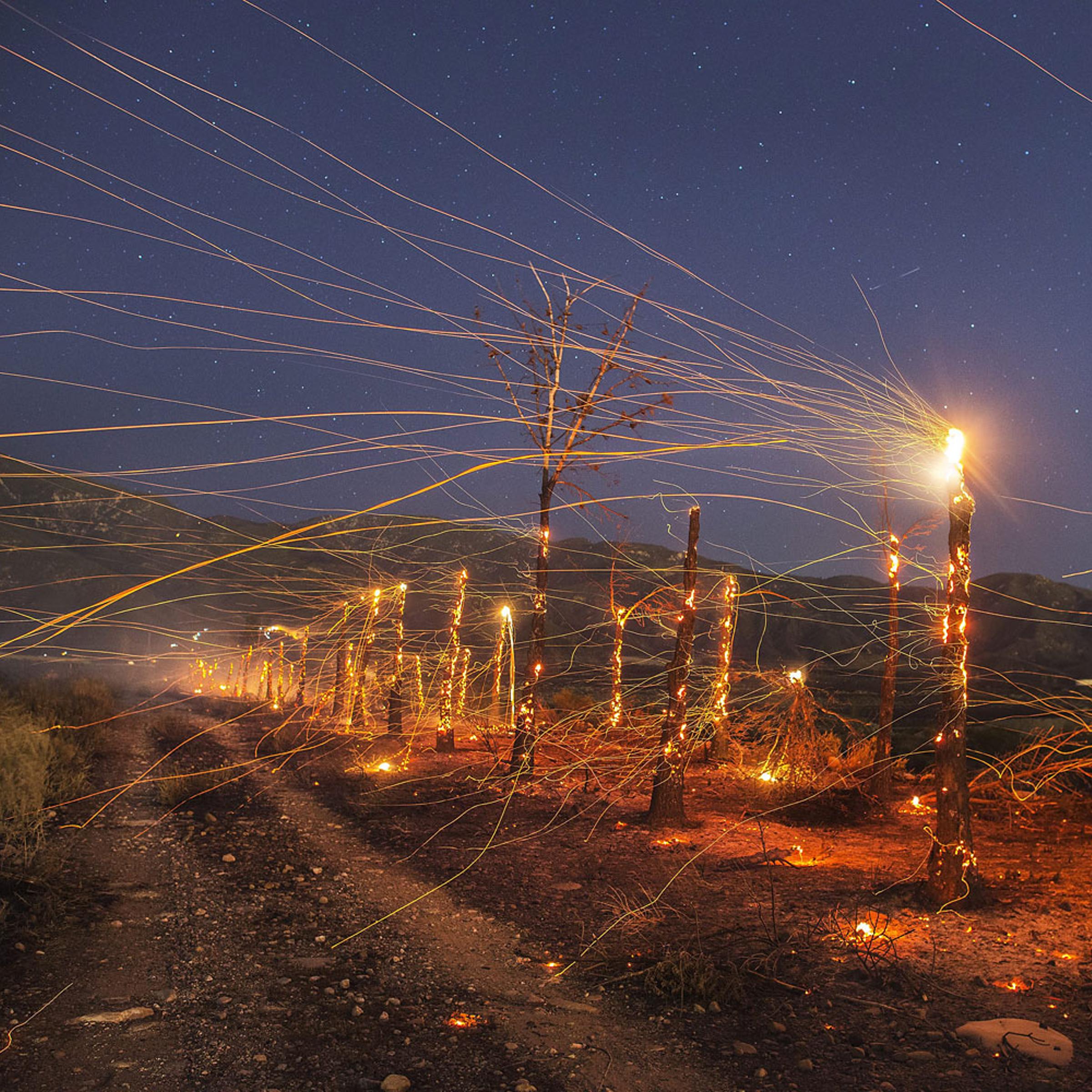 A long exposure image of embers flying off burnt out trees following the wind driven wildfire ranging in the mountain area near Rancho Cucamonga late on April 30, 2014.