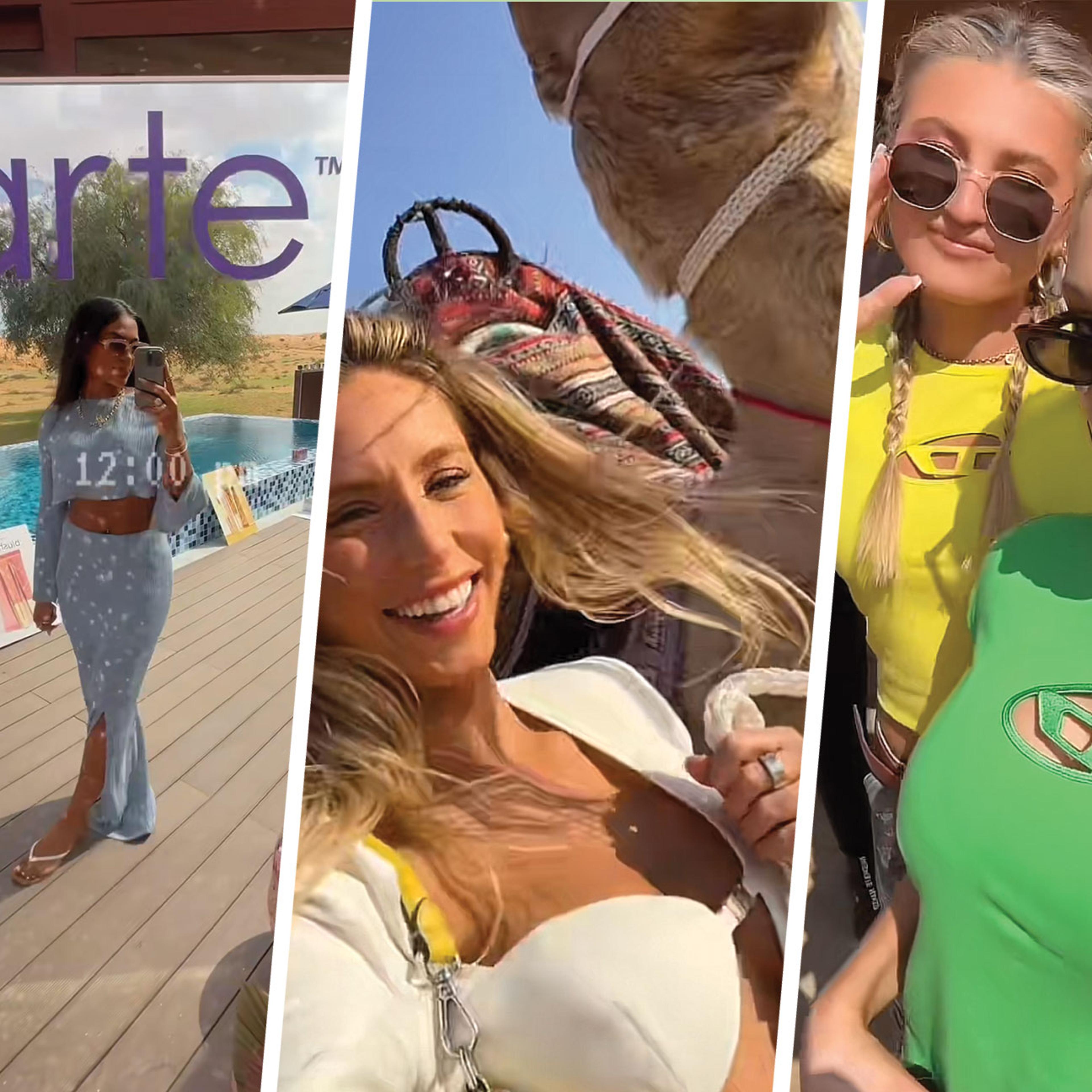 screenshots from TikToks made by influencers on a trip to Dubai