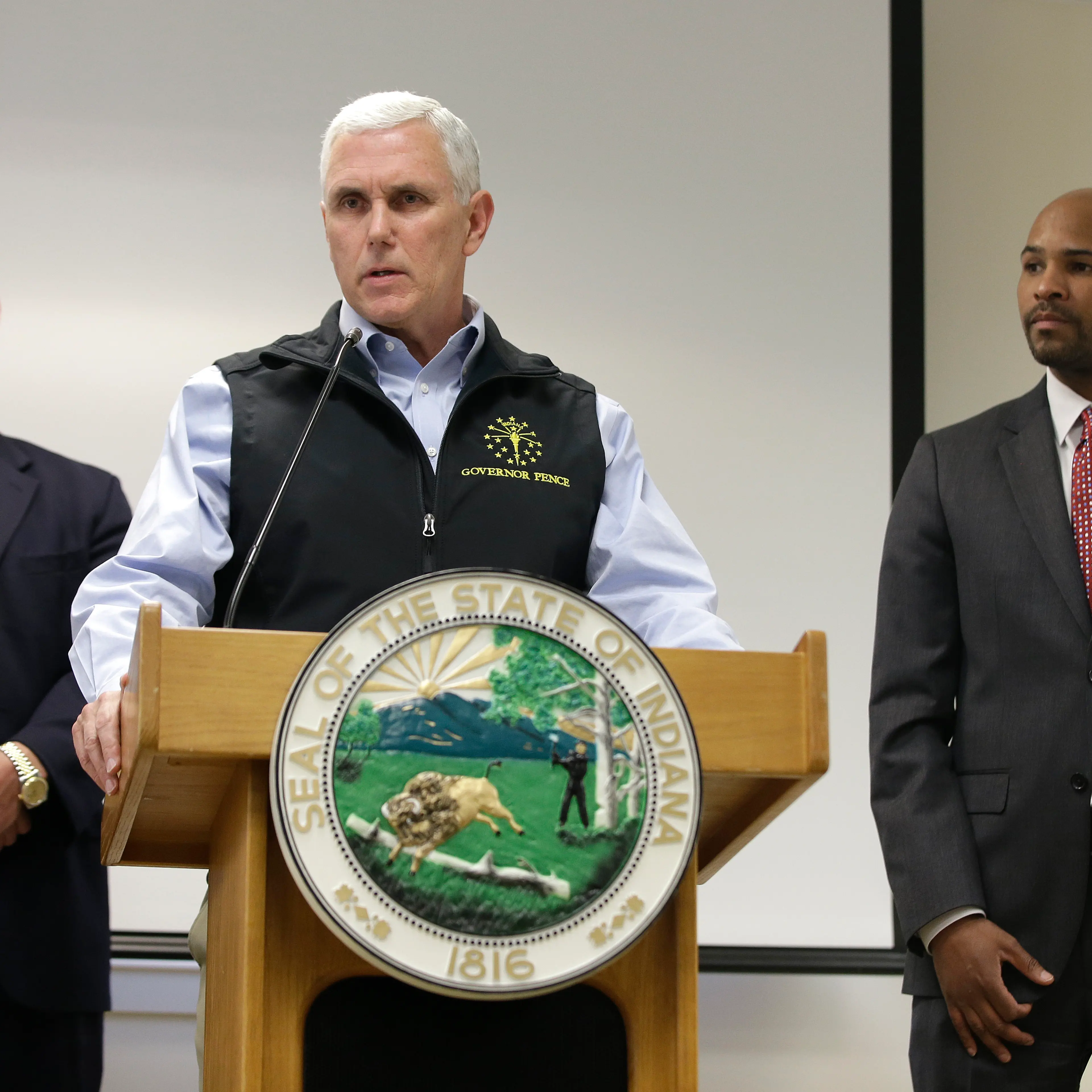 Indiana Gov. Mike Pence responds to a question during a news conference, March 25, 2015, in Scottsburg, Ind.