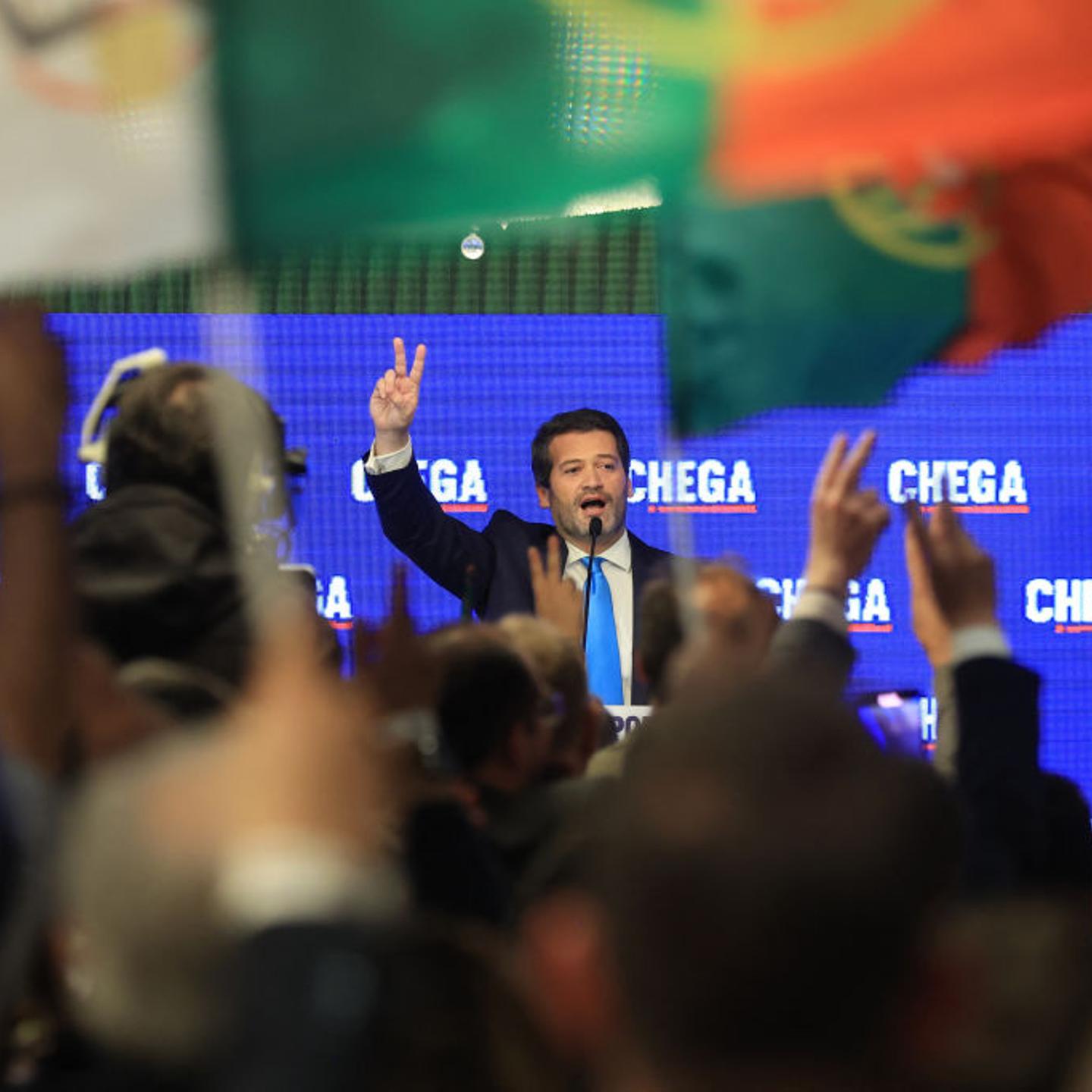 "Chega" leader Andre Ventura addresses supporters at Marriot Hotel, where the party holds the election night event, in Lisbon on March 10, 2024.