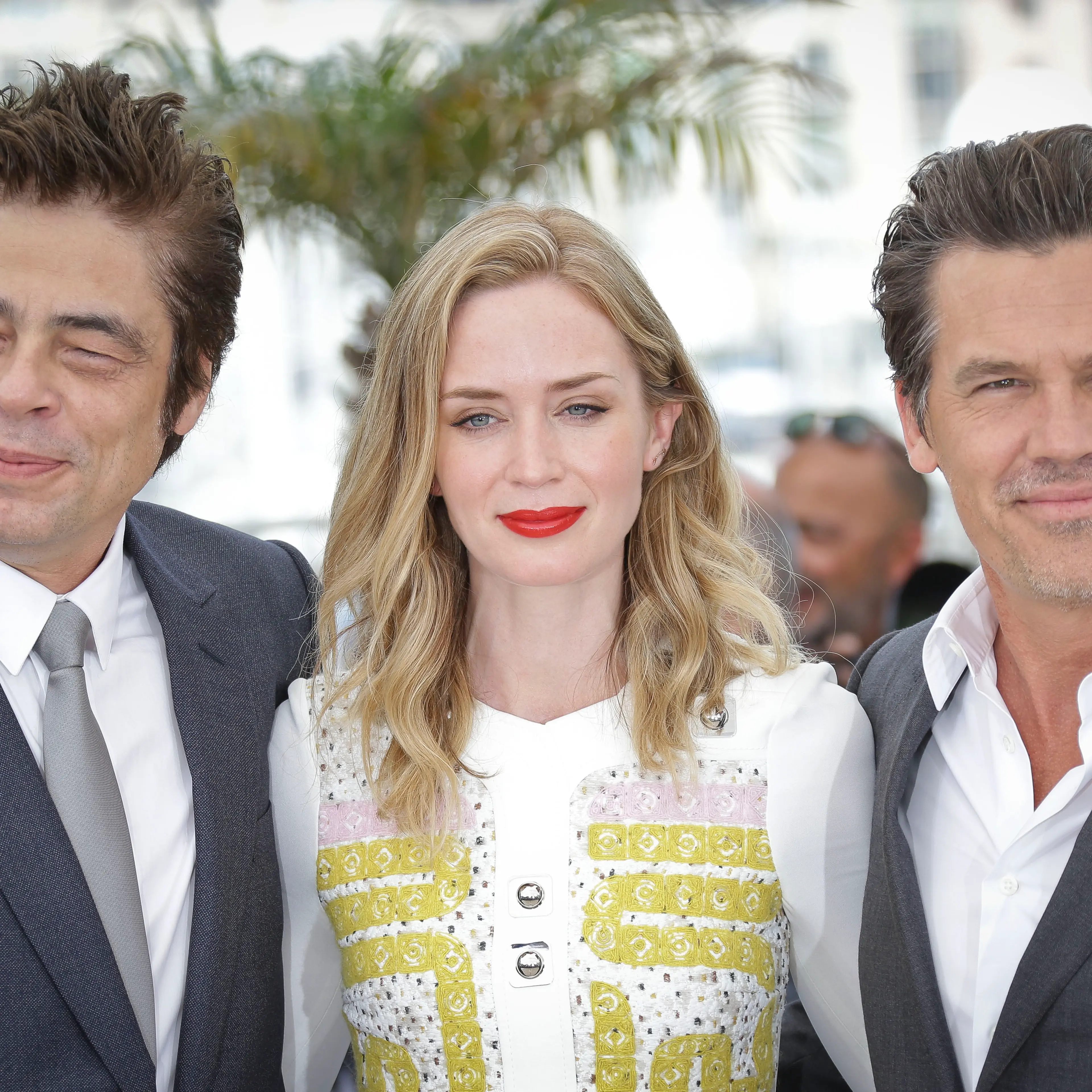 Benicio del Toro, Emily Blunt and Josh Brolin pose for photographers during a photo call for the film Sicario, at the 68th international film festival, Cannes, France