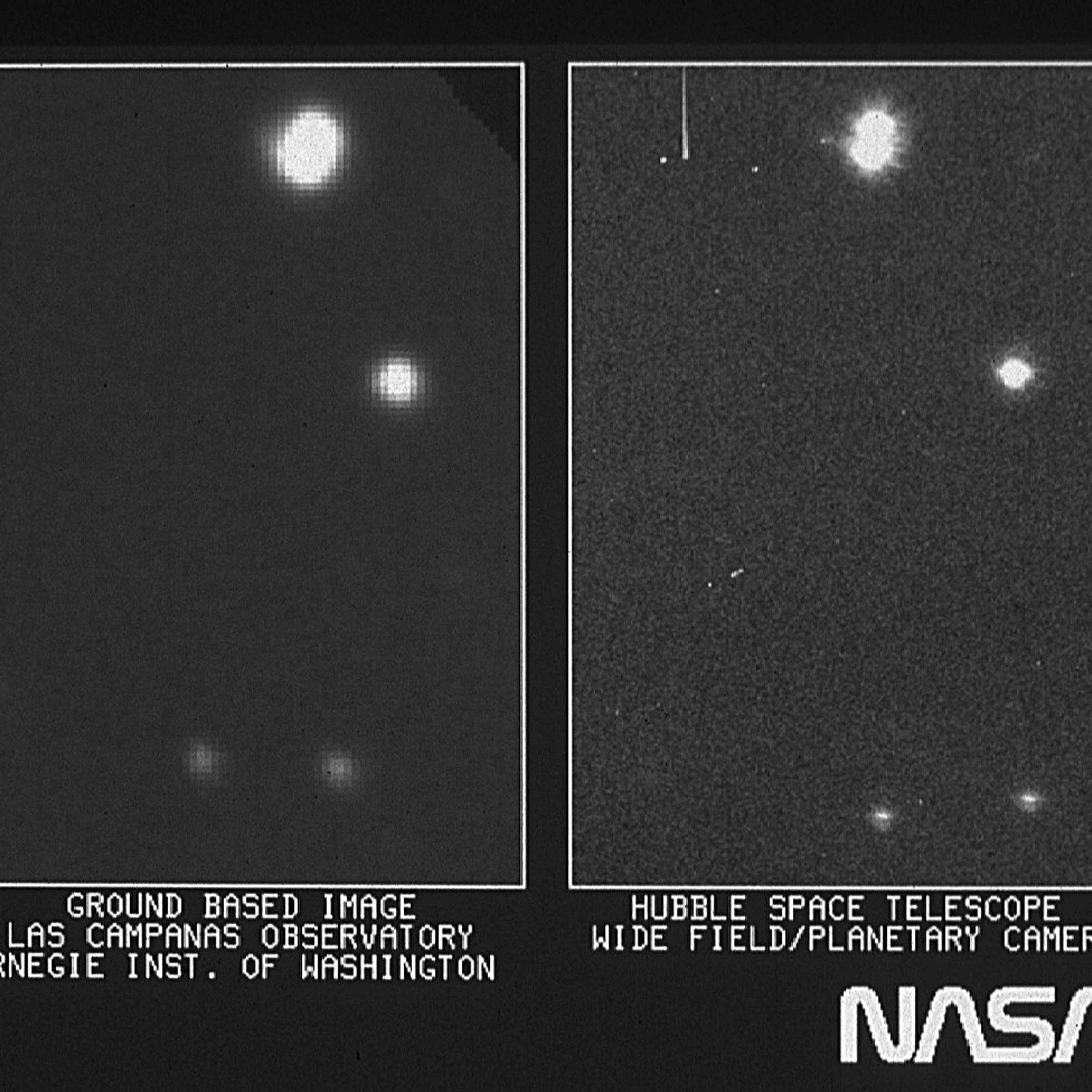 On the right is part of the first image taken with NASA's Hubble Space Telescope's (HST) Wide Field/Planetary Camera. It is shown with a ground-based picture from Las Campanas, Chile, Observatory of the same region of the sky.