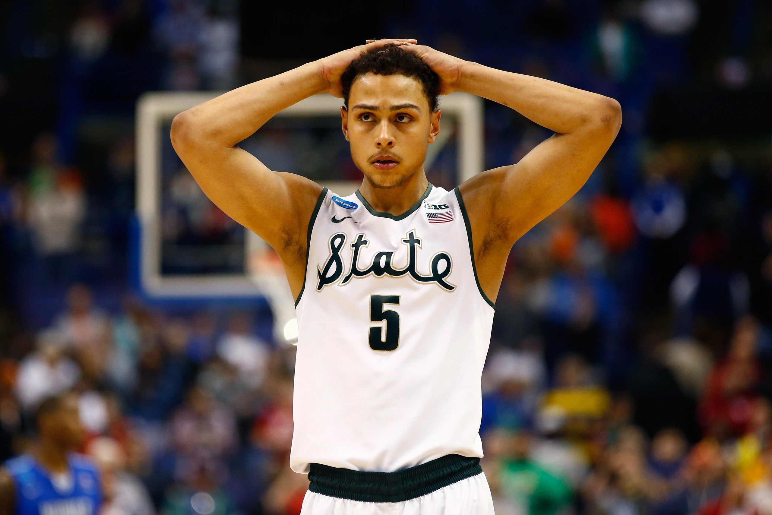 ST LOUIS, MO - MARCH 18: Bryn Forbes #5 of the Michigan State Spartans reacts late in the game against the Middle Tennessee Blue Raiders during the first round of the 2016 NCAA Men's Basketball Tournament at Scottrade Center on March 18, 2016 in St Louis