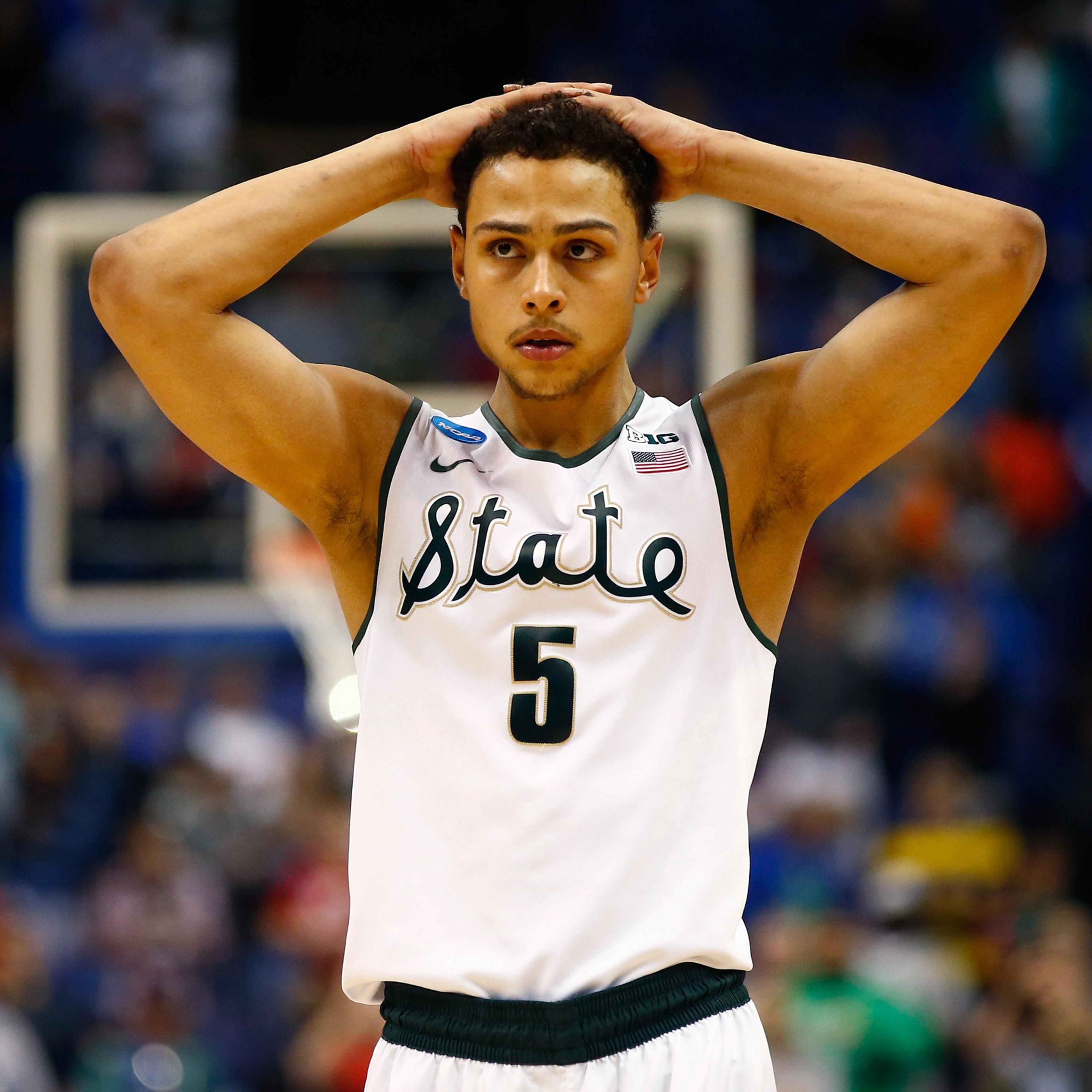 ST LOUIS, MO - MARCH 18: Bryn Forbes #5 of the Michigan State Spartans reacts late in the game against the Middle Tennessee Blue Raiders during the first round of the 2016 NCAA Men's Basketball Tournament at Scottrade Center on March 18, 2016 in St Louis