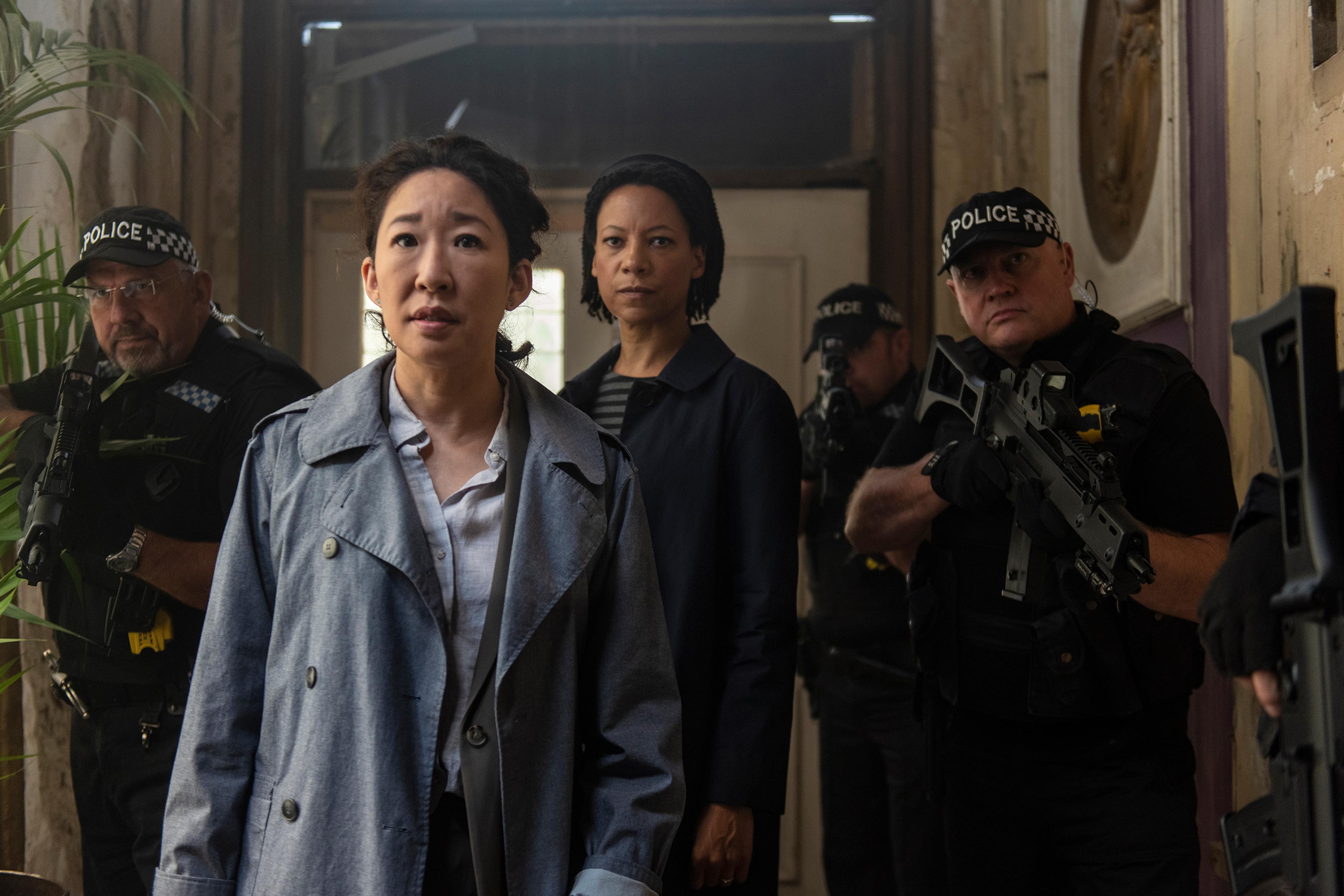 Sandra Oh as Eve Polastri and Nina Sosanya as Jess on the second season of Killing Eve