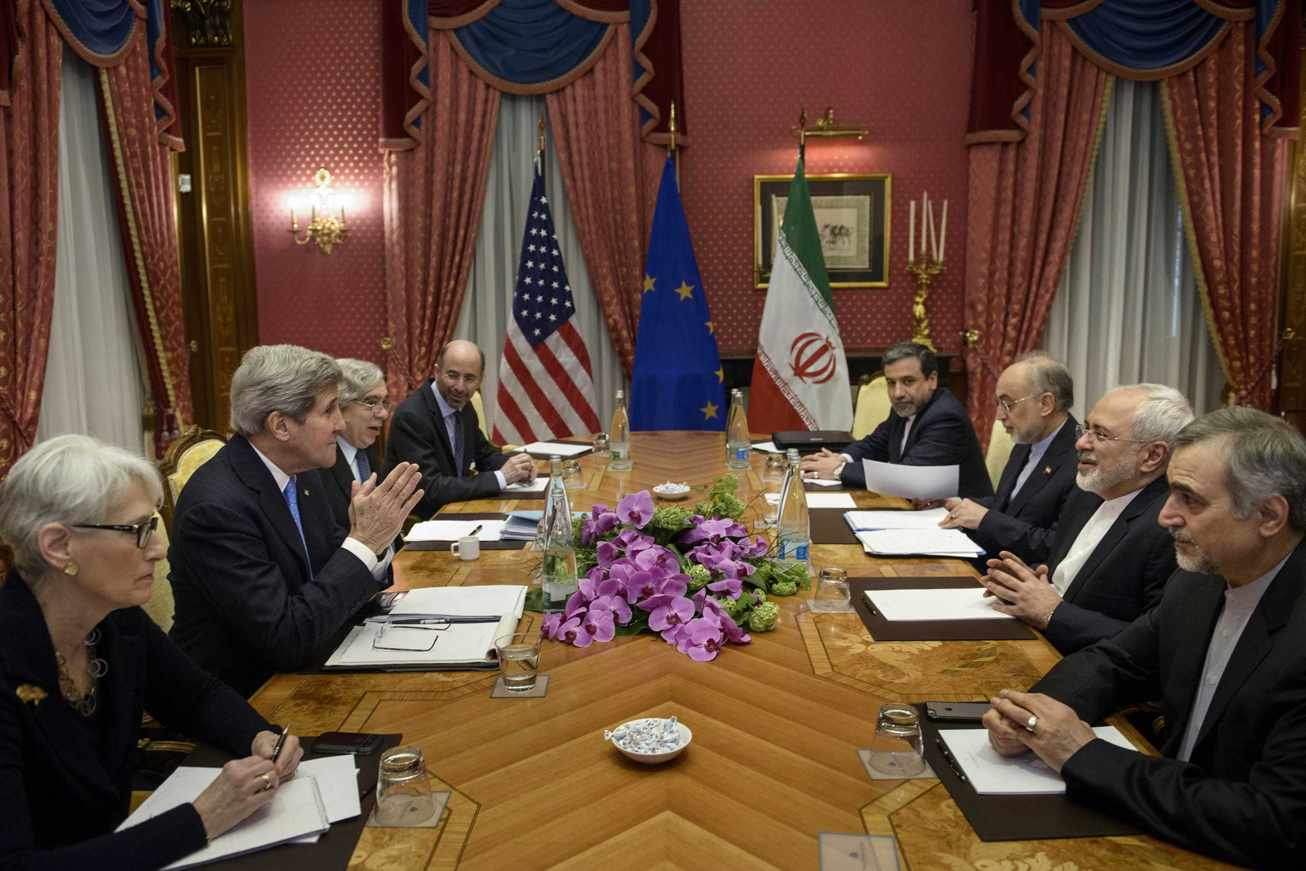 From left, U.S. Under Secretary for Political Affairs Wendy Sherman, U.S. Secretary of State John Kerry, U.S. Secretary of Energy Ernest Moniz, Robert Malley, member of the U.S. National Security Council, Iranian Deputy Foreign Minister Abbas Araghchi, H