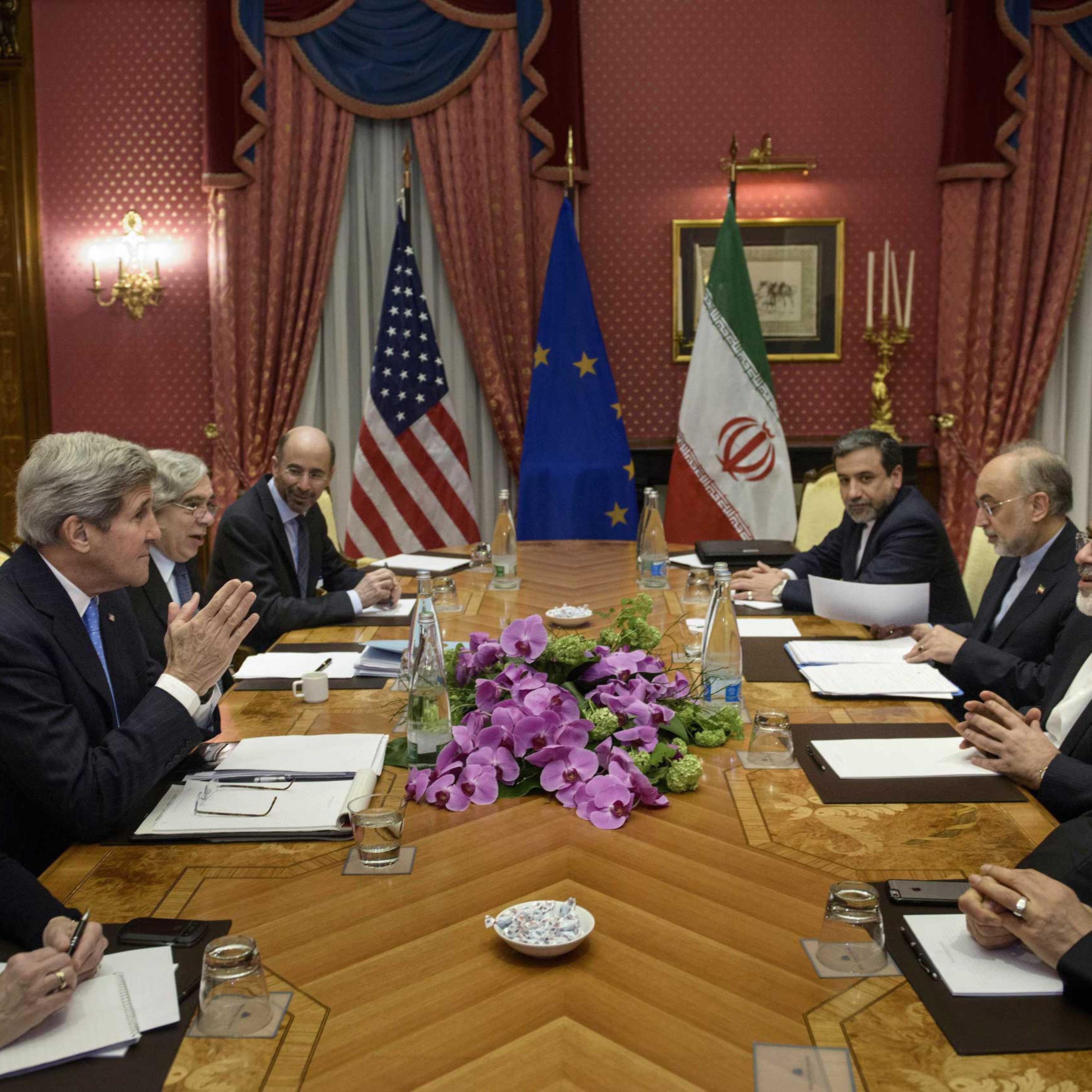 From left, U.S. Under Secretary for Political Affairs Wendy Sherman, U.S. Secretary of State John Kerry, U.S. Secretary of Energy Ernest Moniz, Robert Malley, member of the U.S. National Security Council, Iranian Deputy Foreign Minister Abbas Araghchi, H