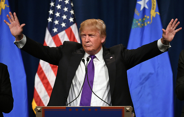 Republican presidential candidate Donald Trump speaks at a caucus night watch party at the Treasure Island Hotel Casino in Las Vegas on Feb. 23, 2016.