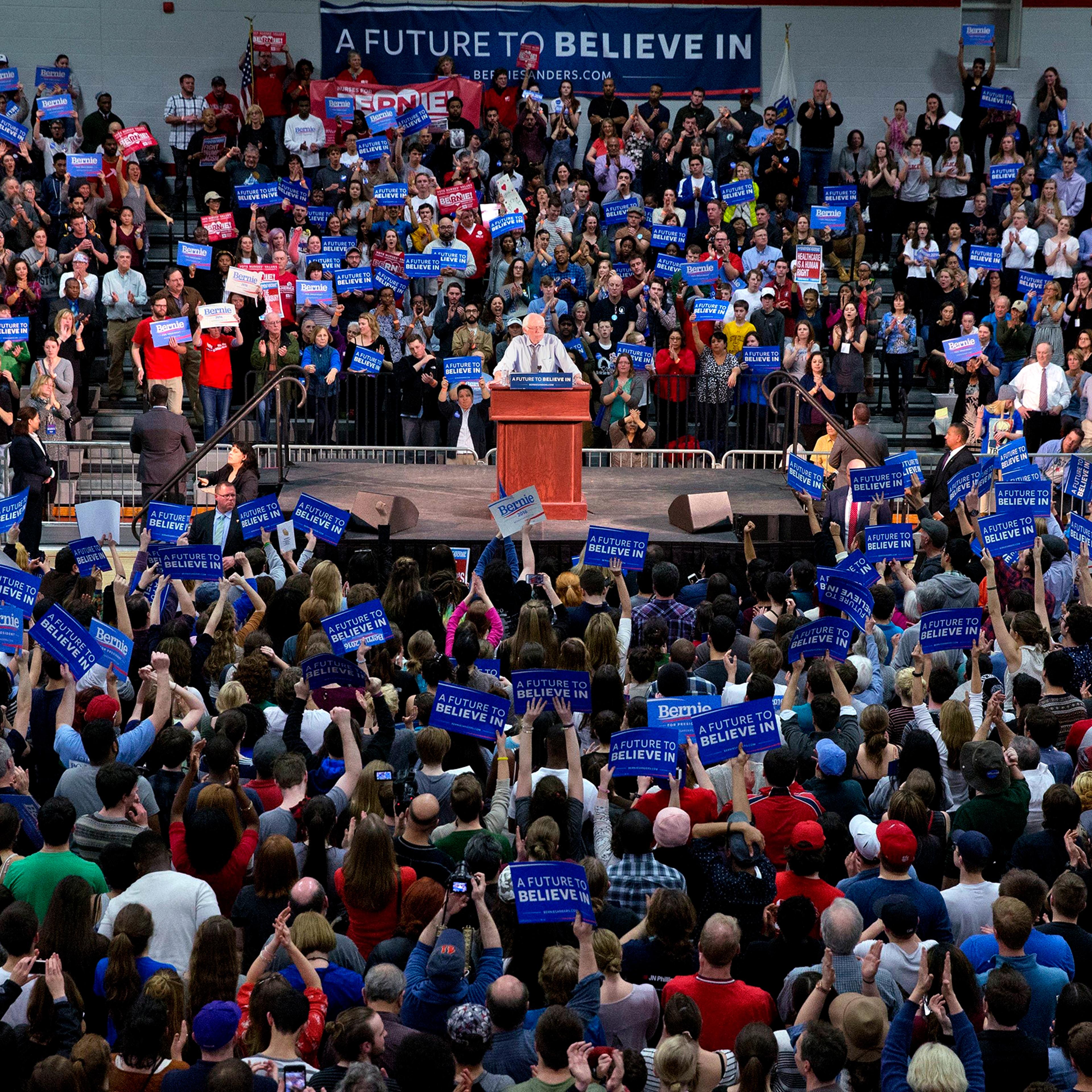 Supporters cheer Sanders during a Feb. 29 rally in Milton, Mass.