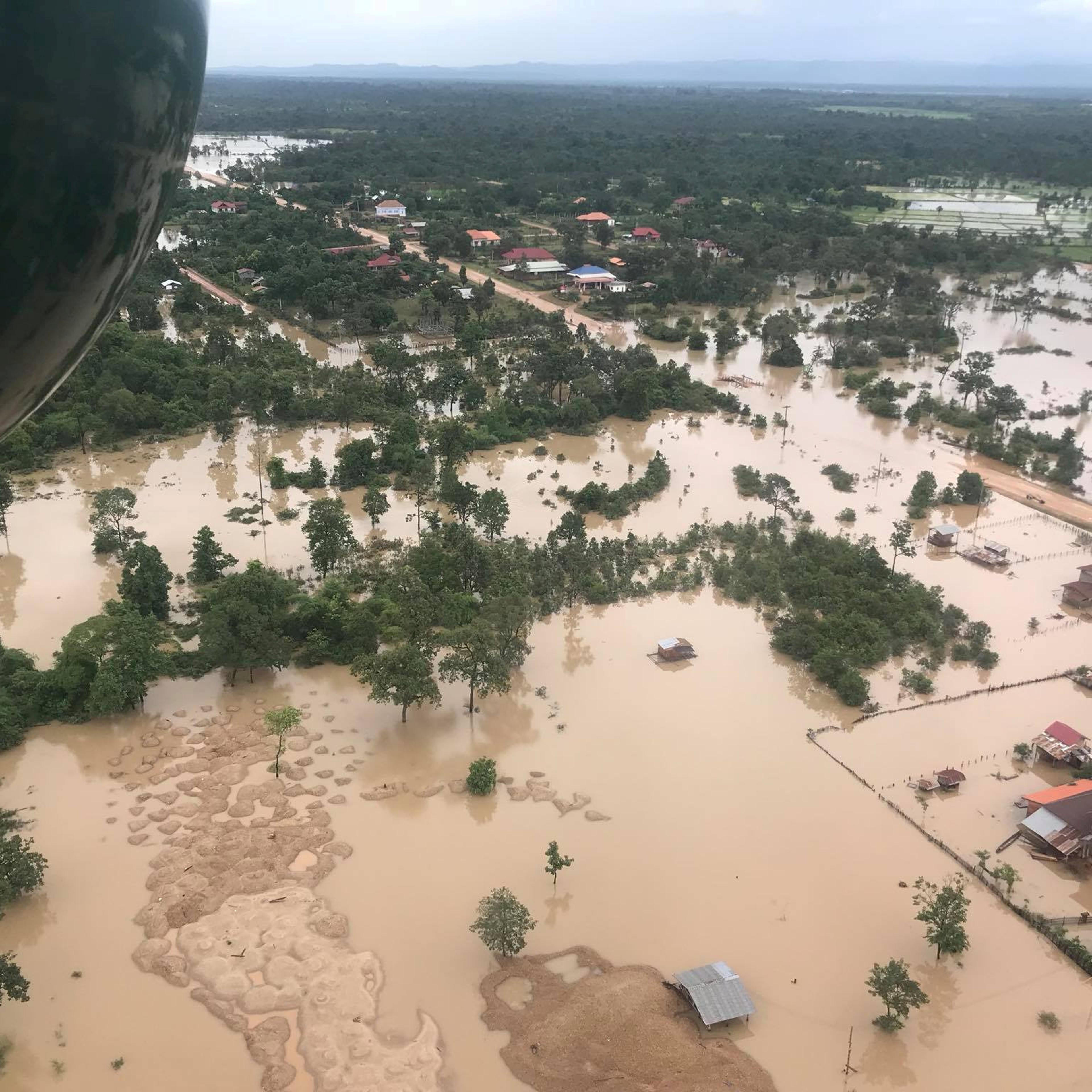 Aerial view shows the flooded area after a dam collapsed in Attapeu province