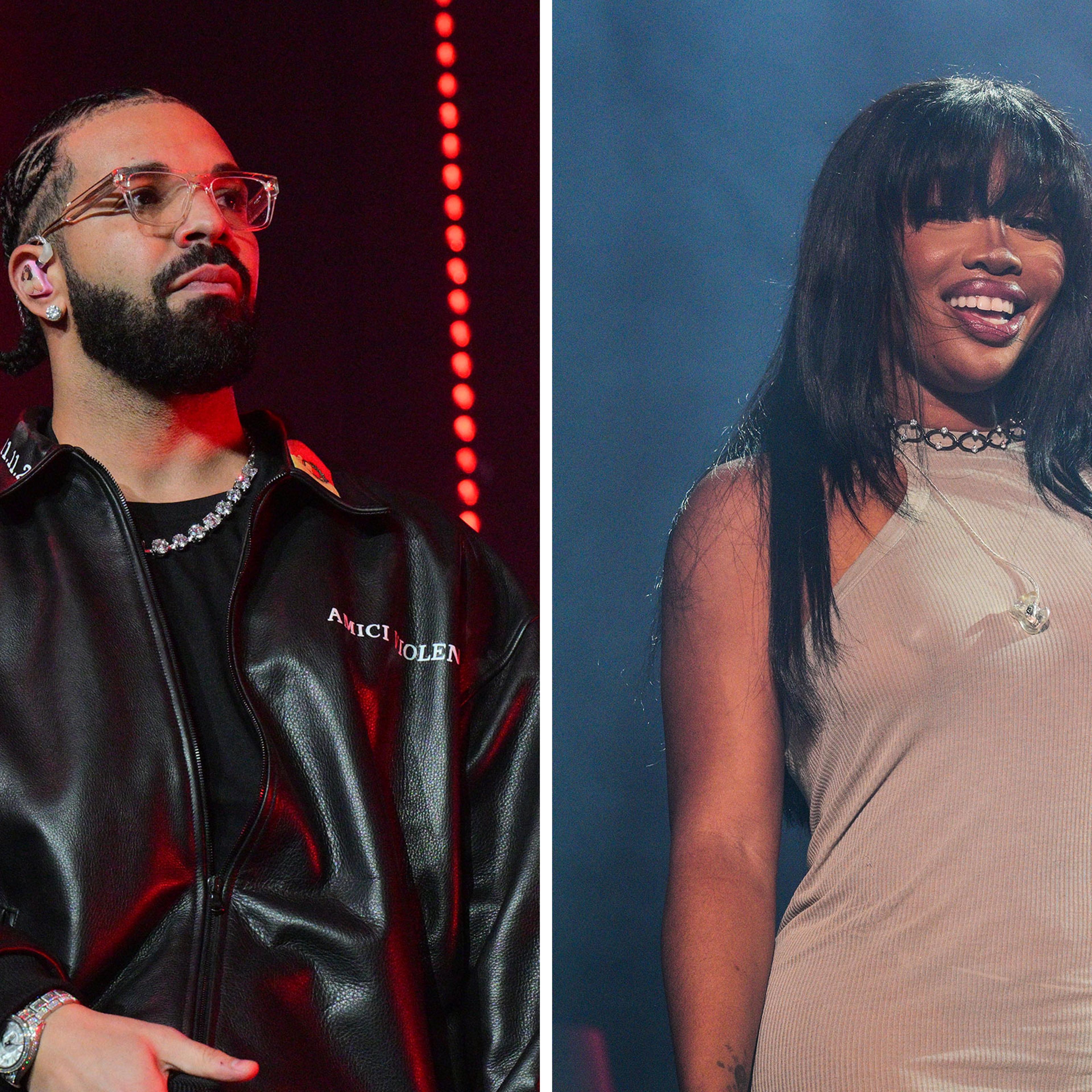 A side by side split image of Drake and SZA